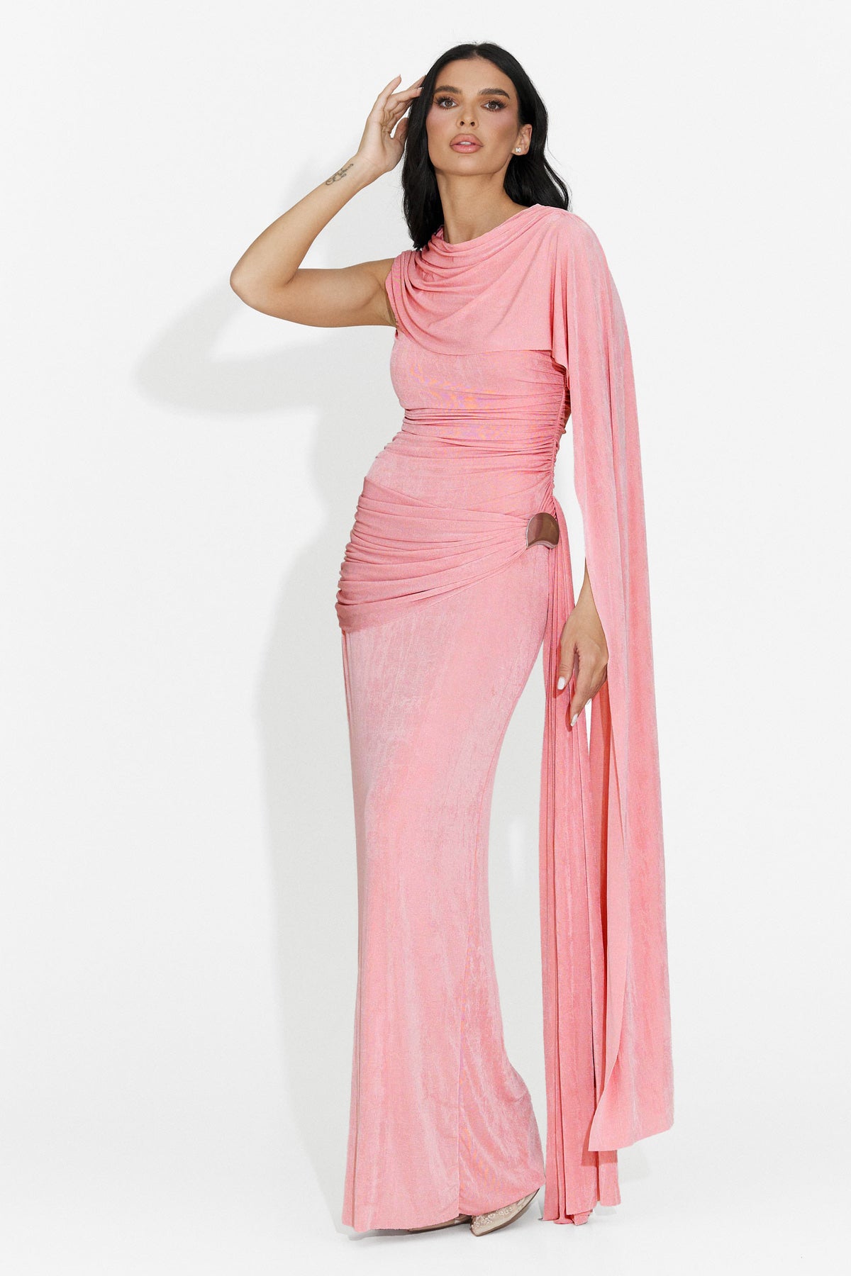 Jersey Asymmetrical Sleeve Metallic Button Gathering Bodycon Maxi Dress