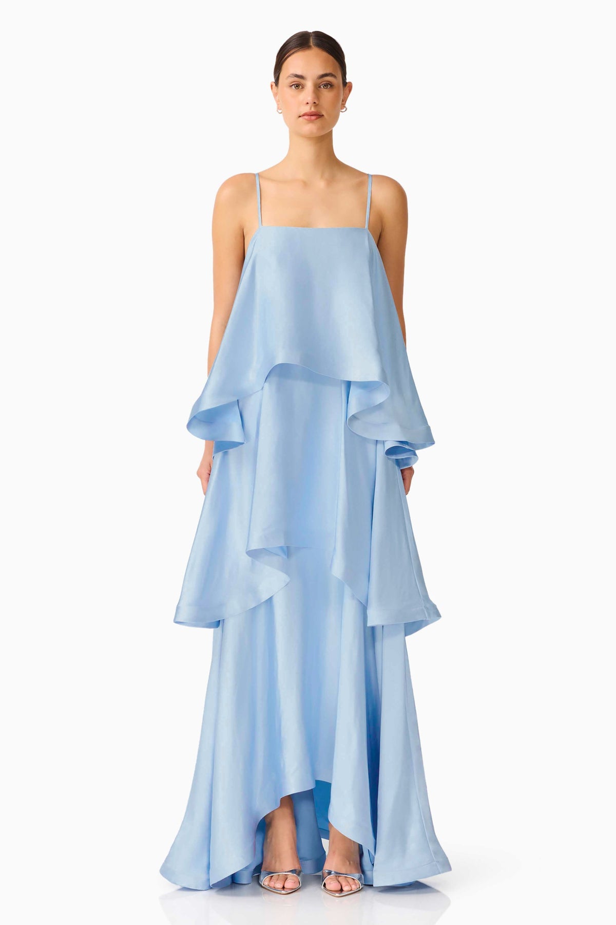 Satin Multi Layer Ruffled Maxi Dress