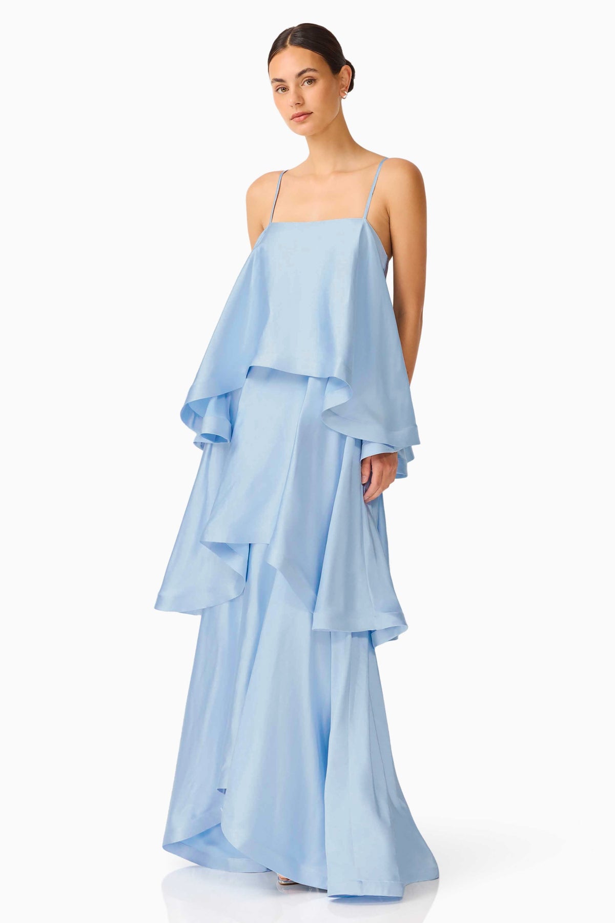 Satin Multi Layer Ruffled Maxi Dress