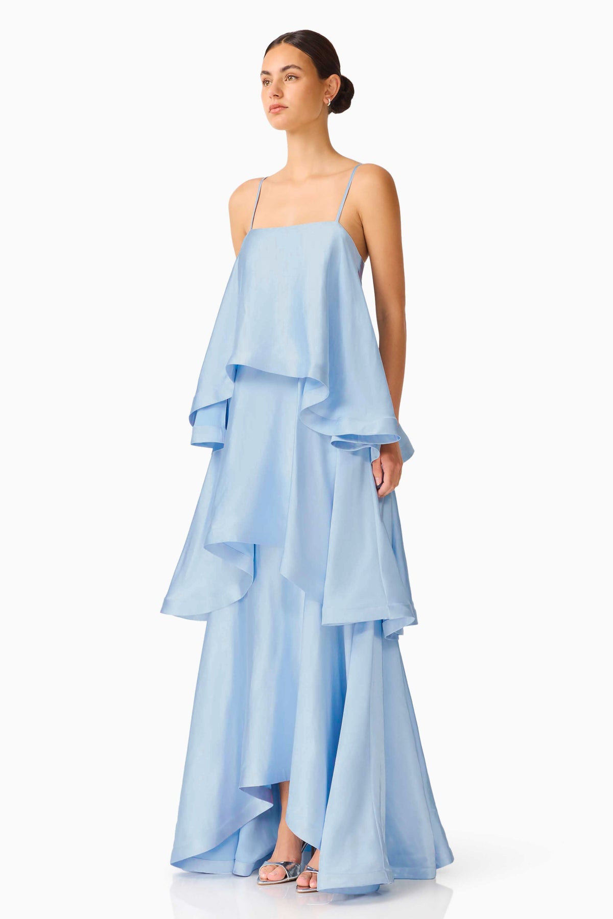 Satin Multi Layer Ruffled Maxi Dress