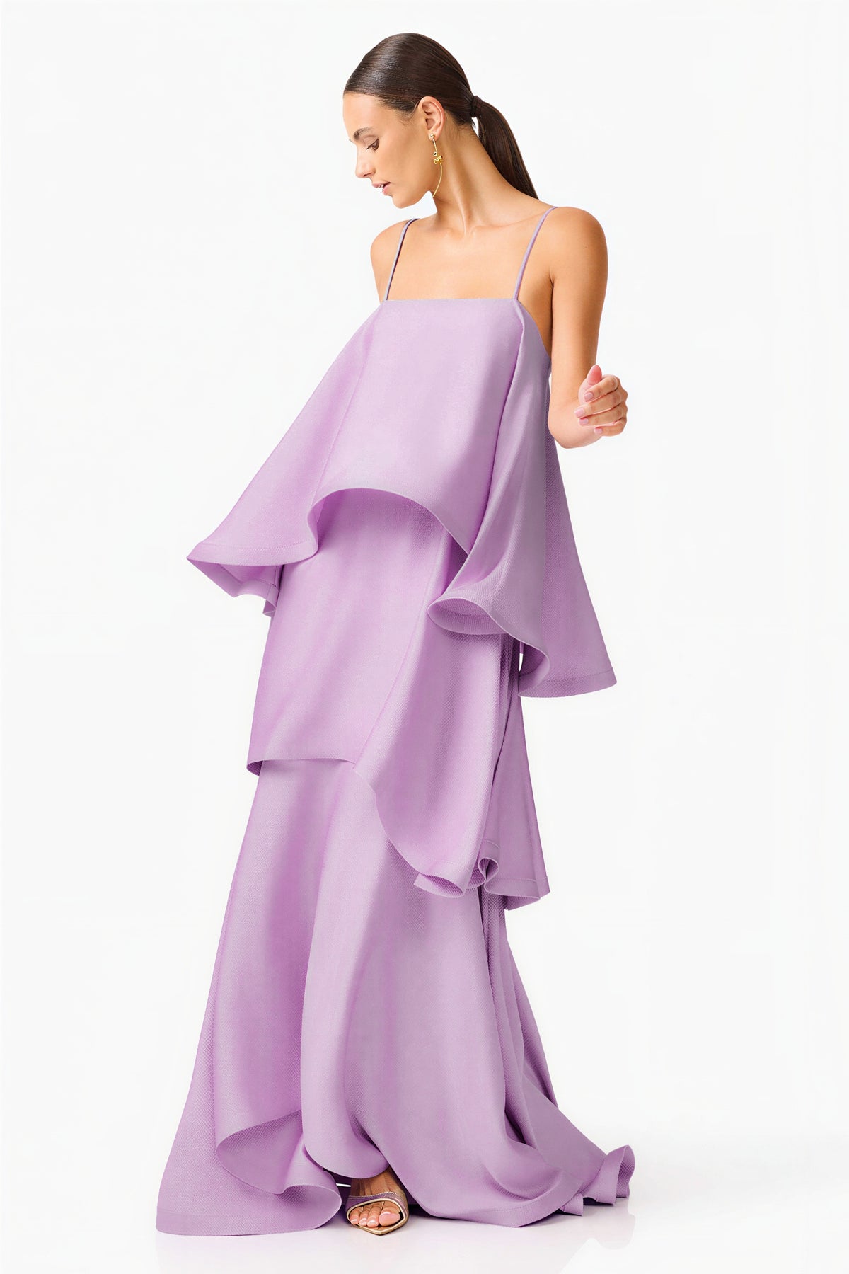 Satin Multi Layer Ruffled Maxi Dress