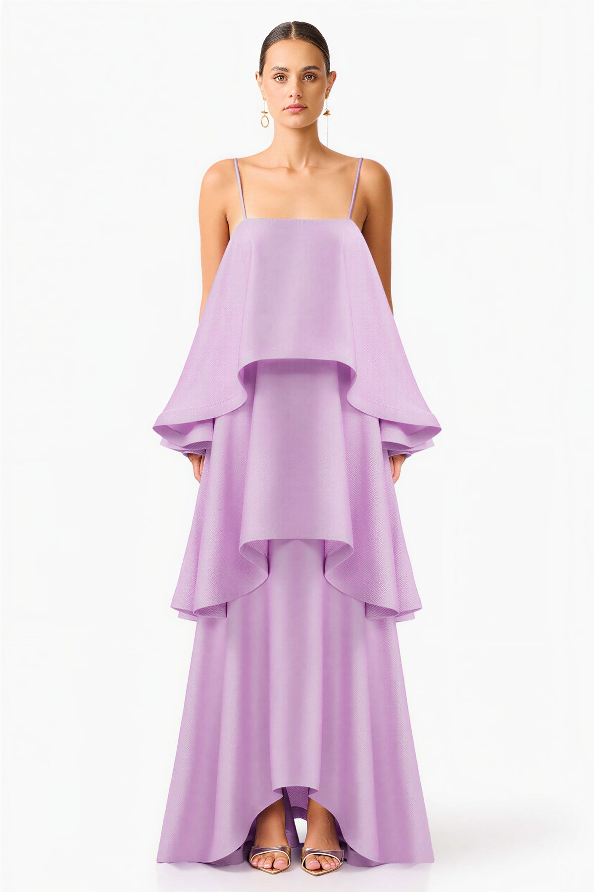 Satin Multi Layer Ruffled Maxi Dress