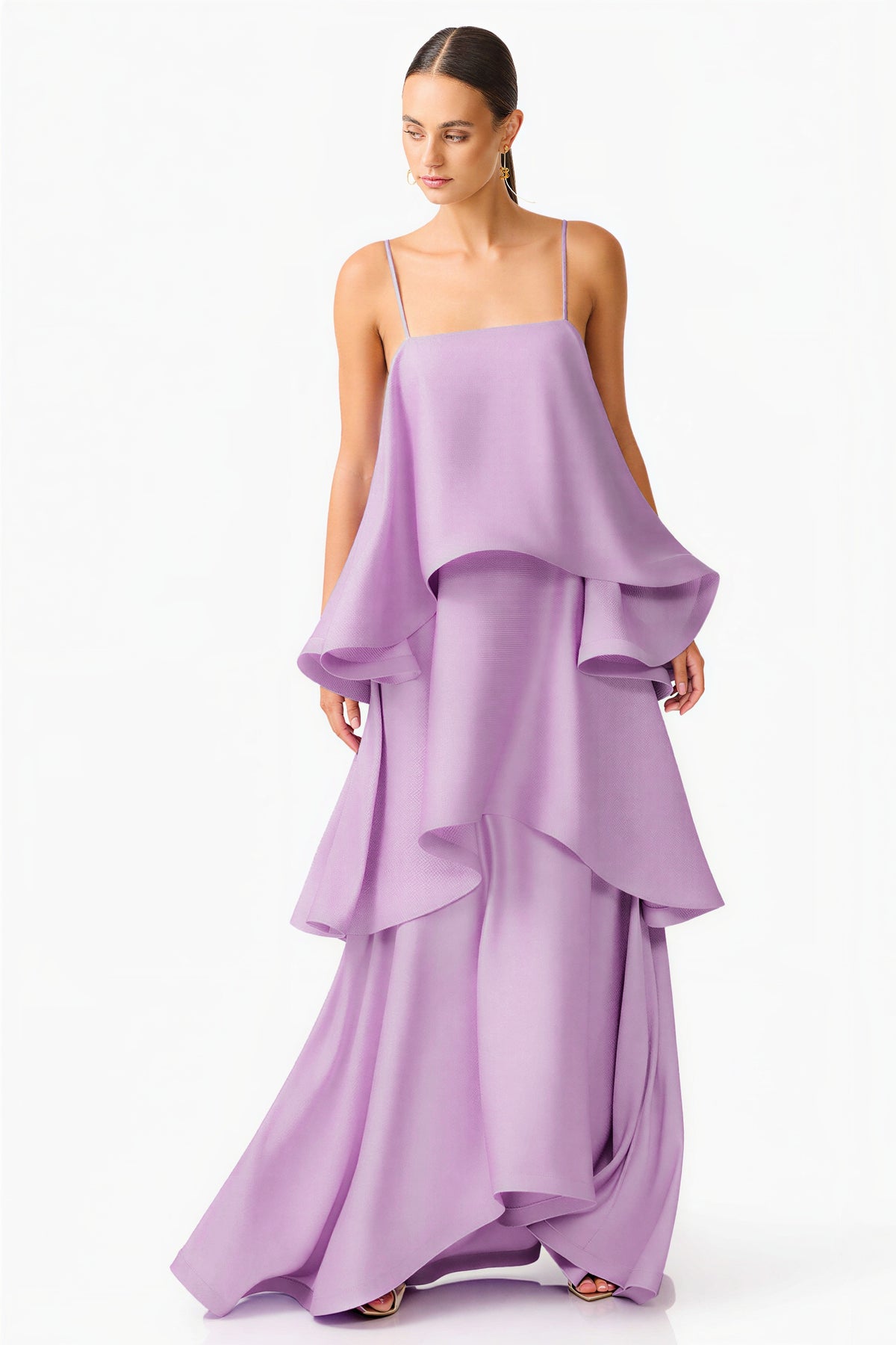 Satin Multi Layer Ruffled Maxi Dress