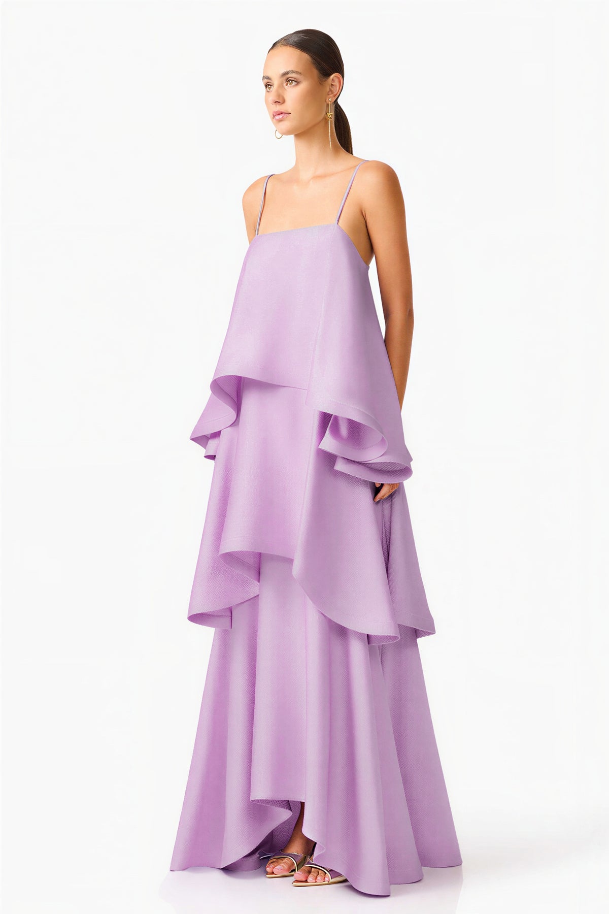 Satin Multi Layer Ruffled Maxi Dress