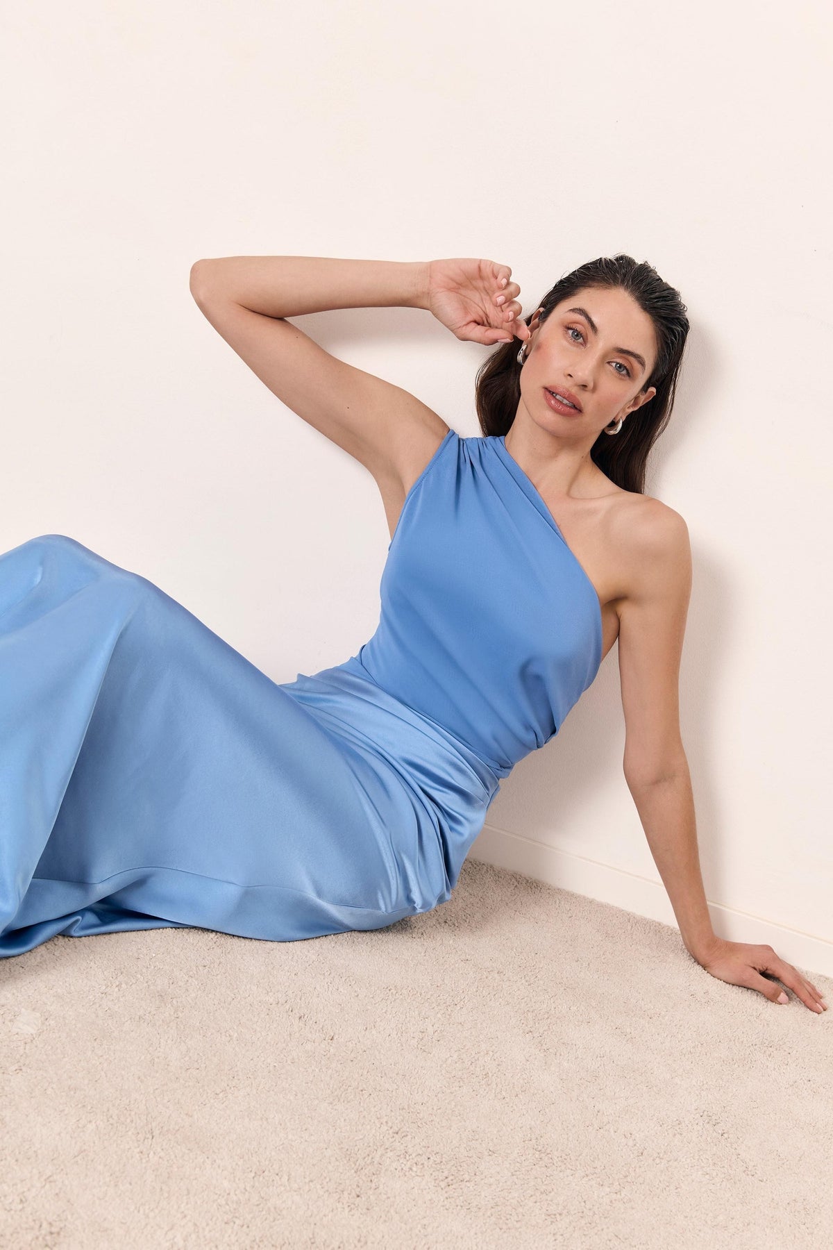 One Shoulder Pleat Maxi Dress