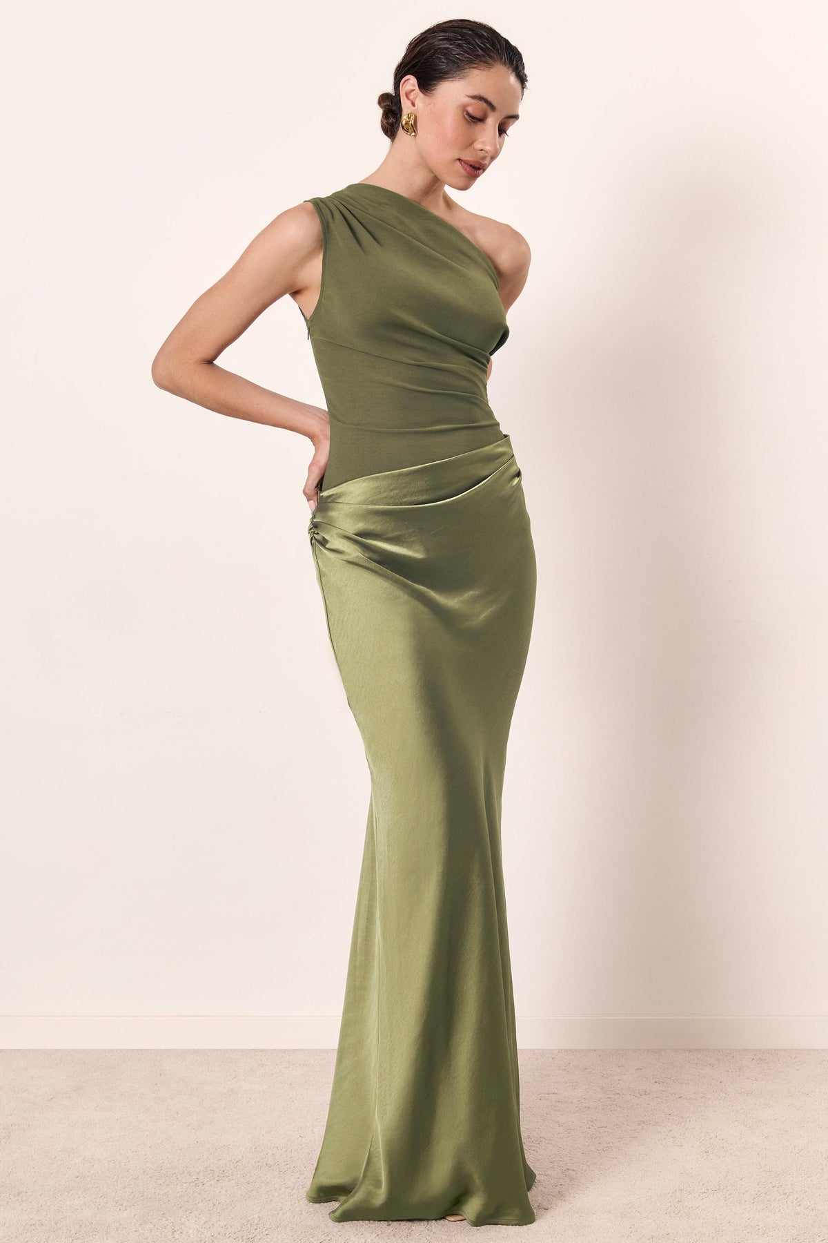 One Shoulder Pleat Maxi Dress