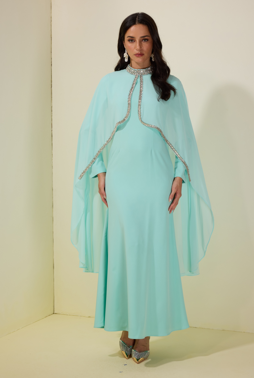 Long Sleeve Maxi Dress With Rhinestone Cape