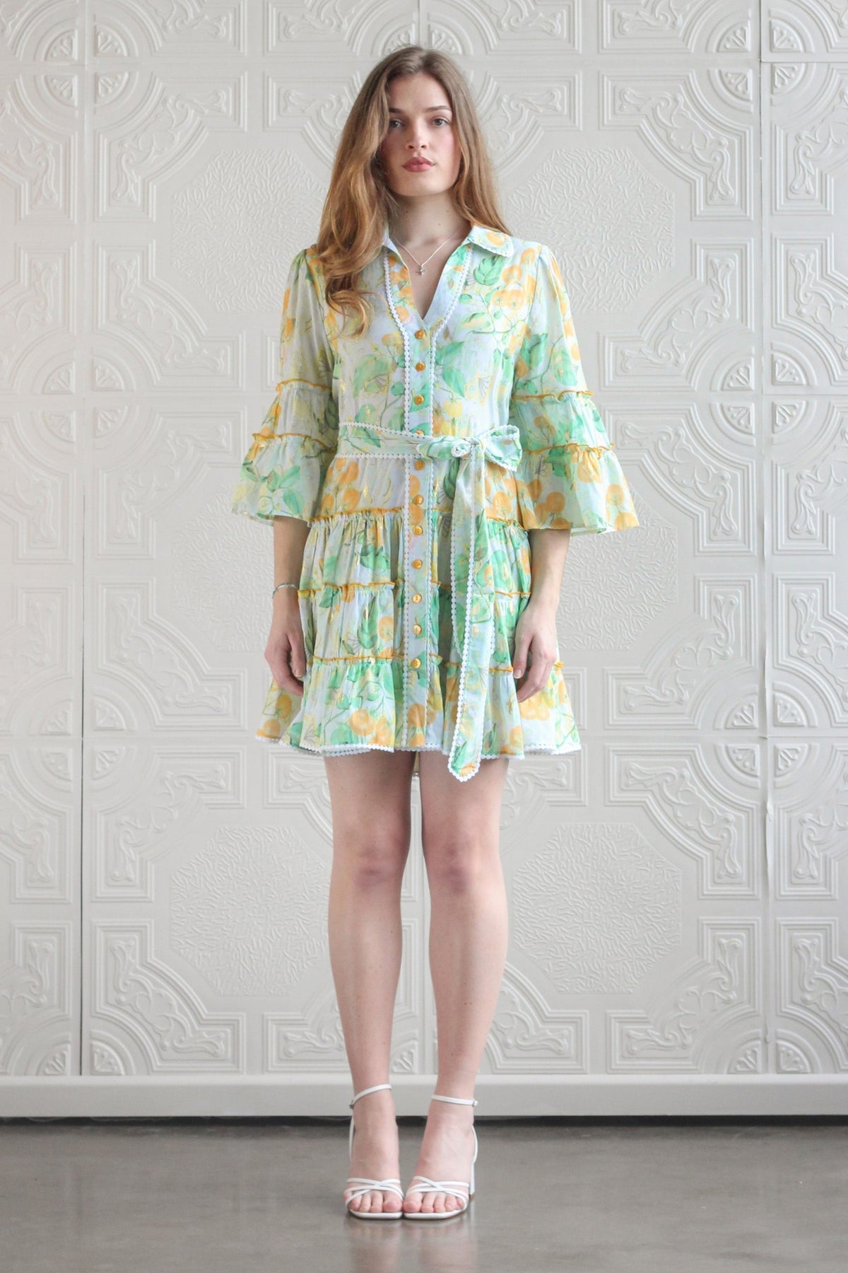 Botanical Print Lace Single Breasted Mini Dress
