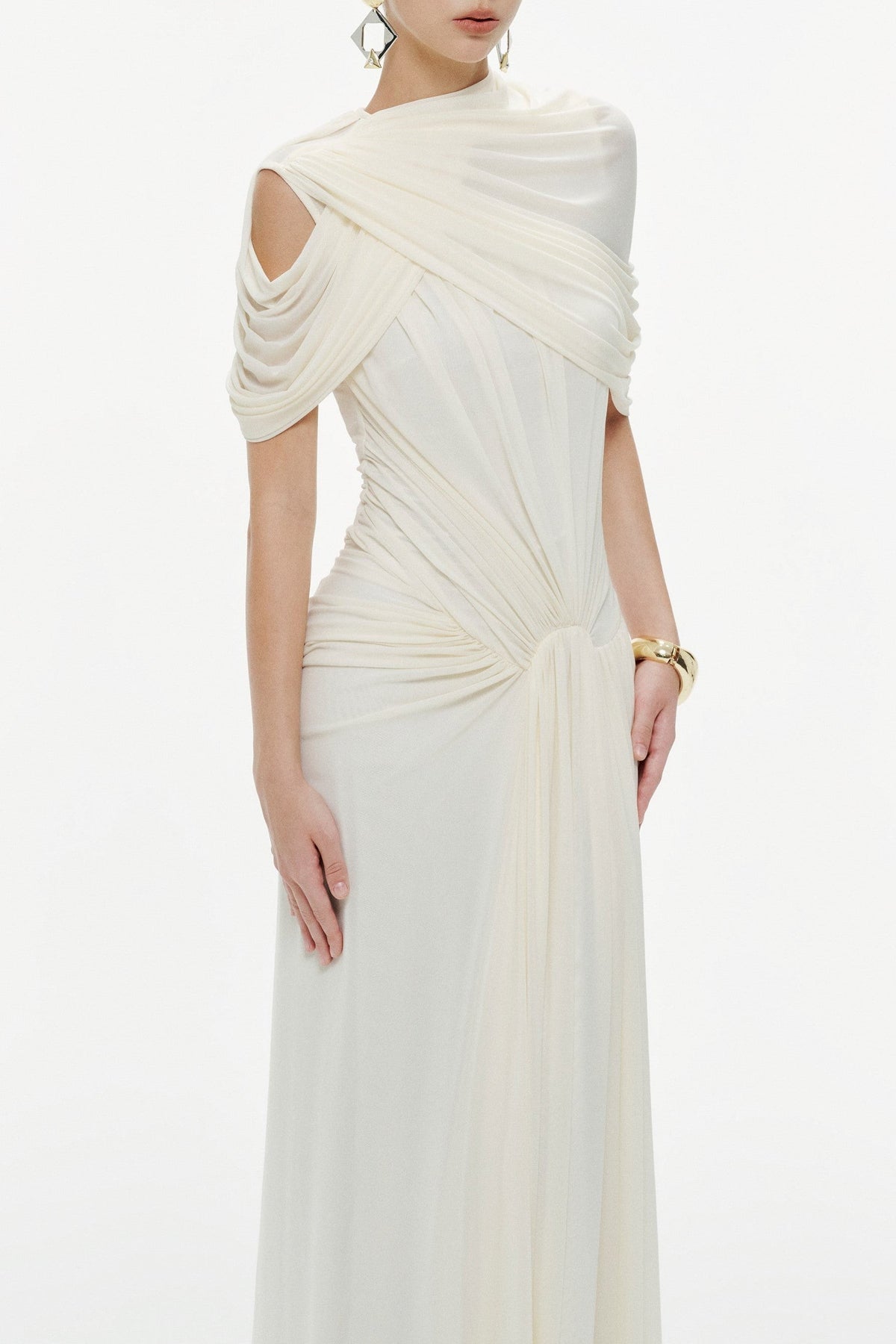 Mesh Ruched Cape Sleeve Maxi Dress