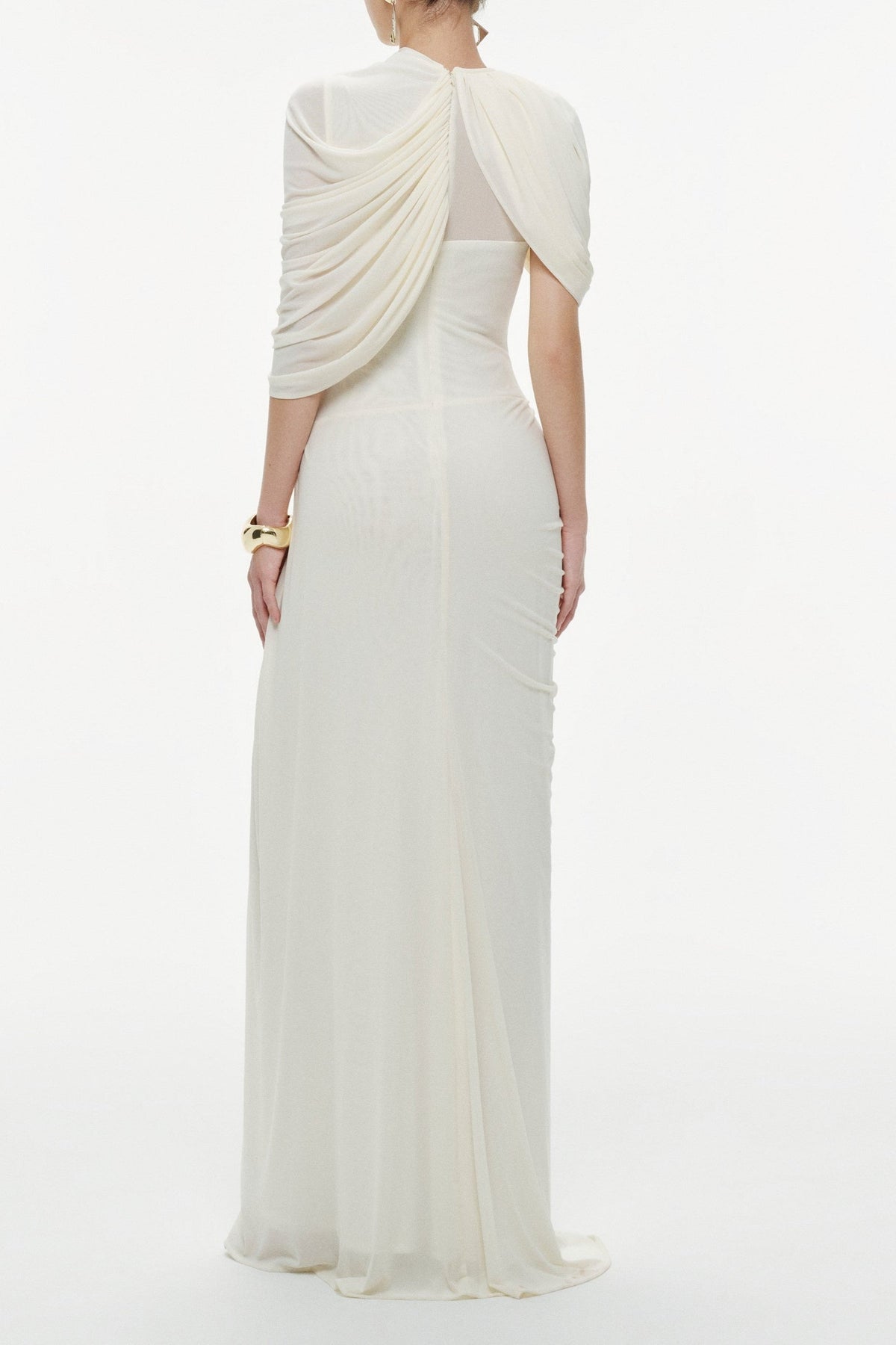 Mesh Ruched Cape Sleeve Maxi Dress