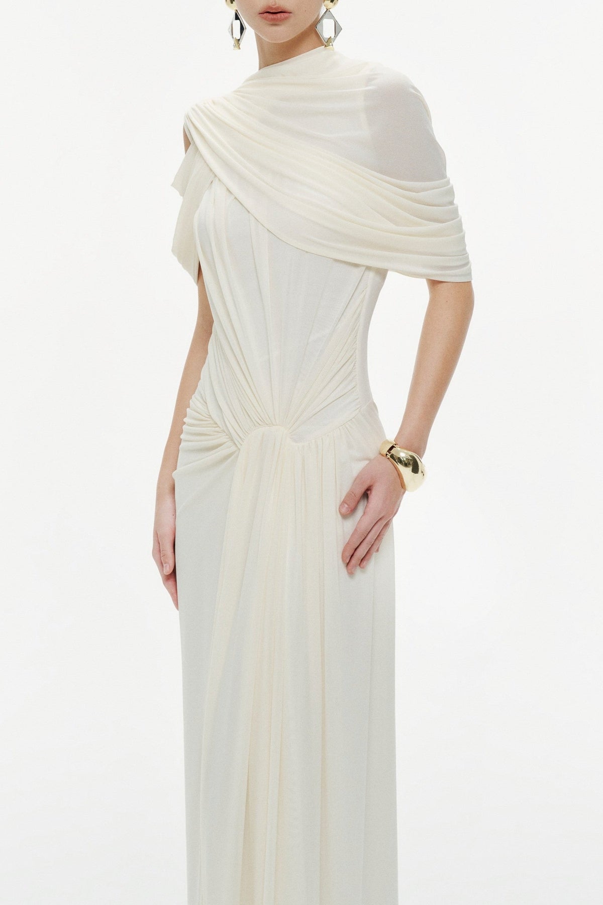 Mesh Ruched Cape Sleeve Maxi Dress
