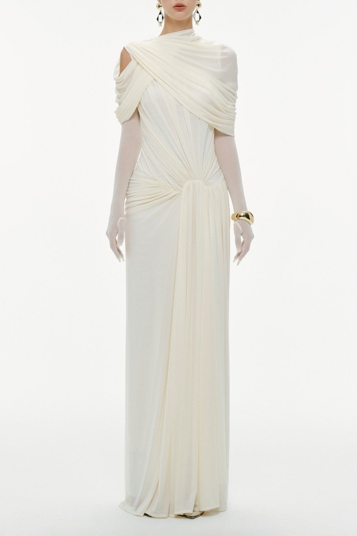 Mesh Ruched Cape Sleeve Maxi Dress