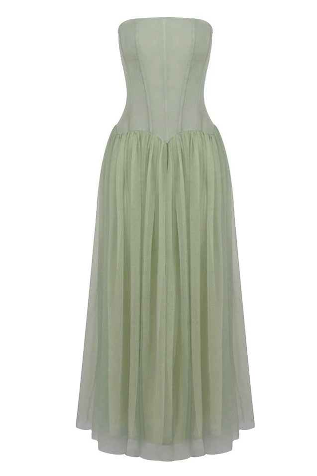 Strapless A Line Tulle Pleated Maxi Dress