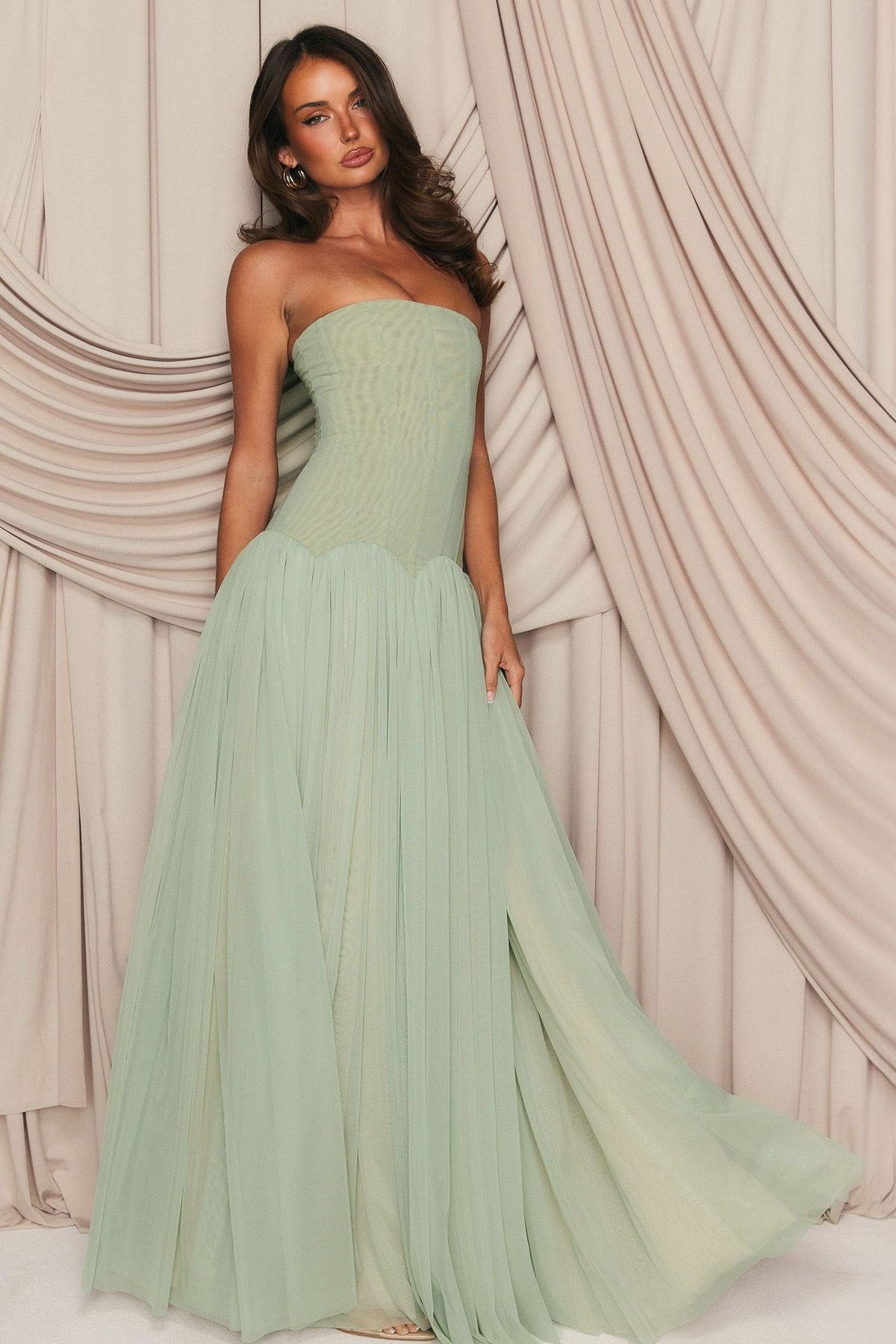 Strapless A Line Tulle Pleated Maxi Dress