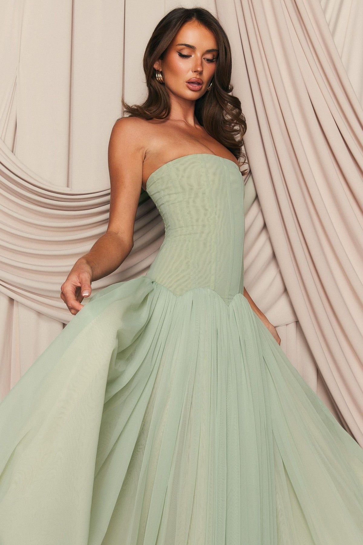 Strapless A Line Tulle Pleated Maxi Dress