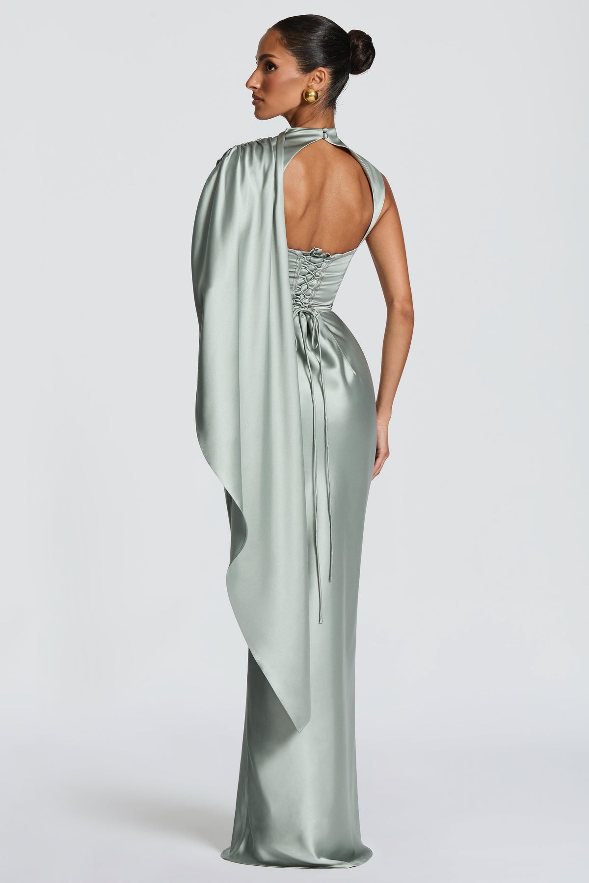 Satin Asymmetrical Cape Ruched Maxi Dress