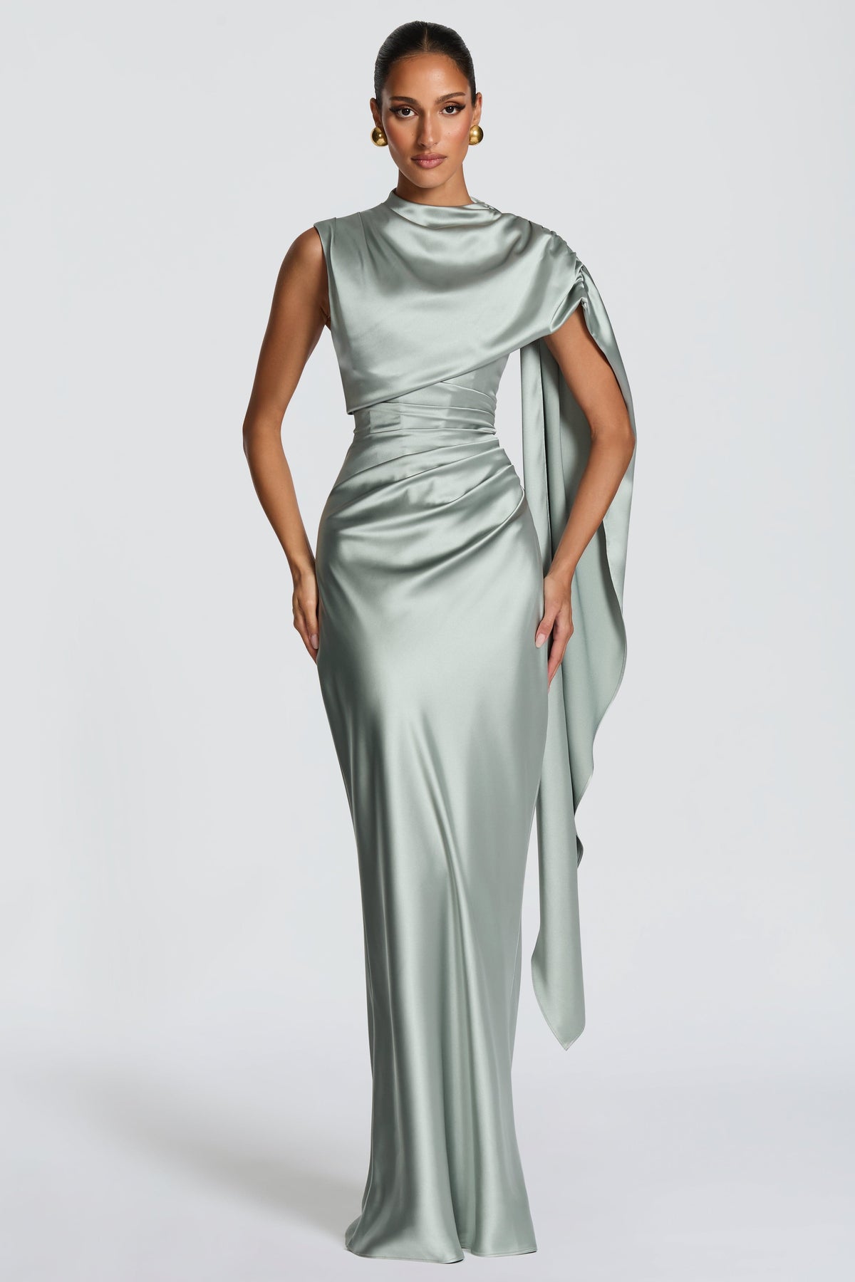 Satin Asymmetrical Cape Ruched Maxi Dress