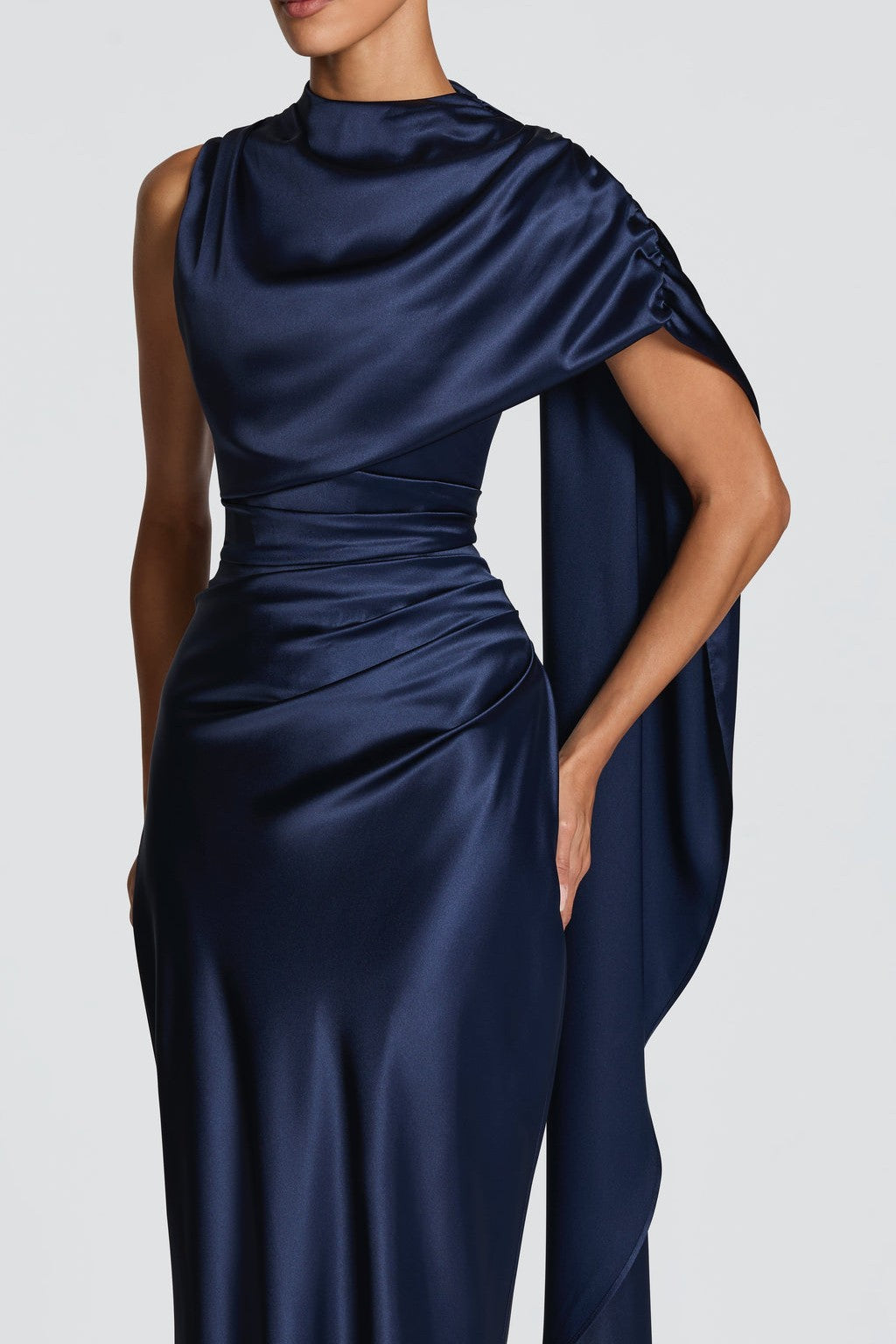 Satin Asymmetrical Cape Ruched Maxi Dress