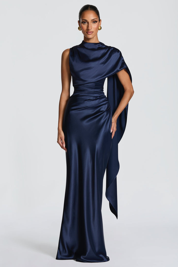 Satin Asymmetrical Cape Ruched Maxi Dress