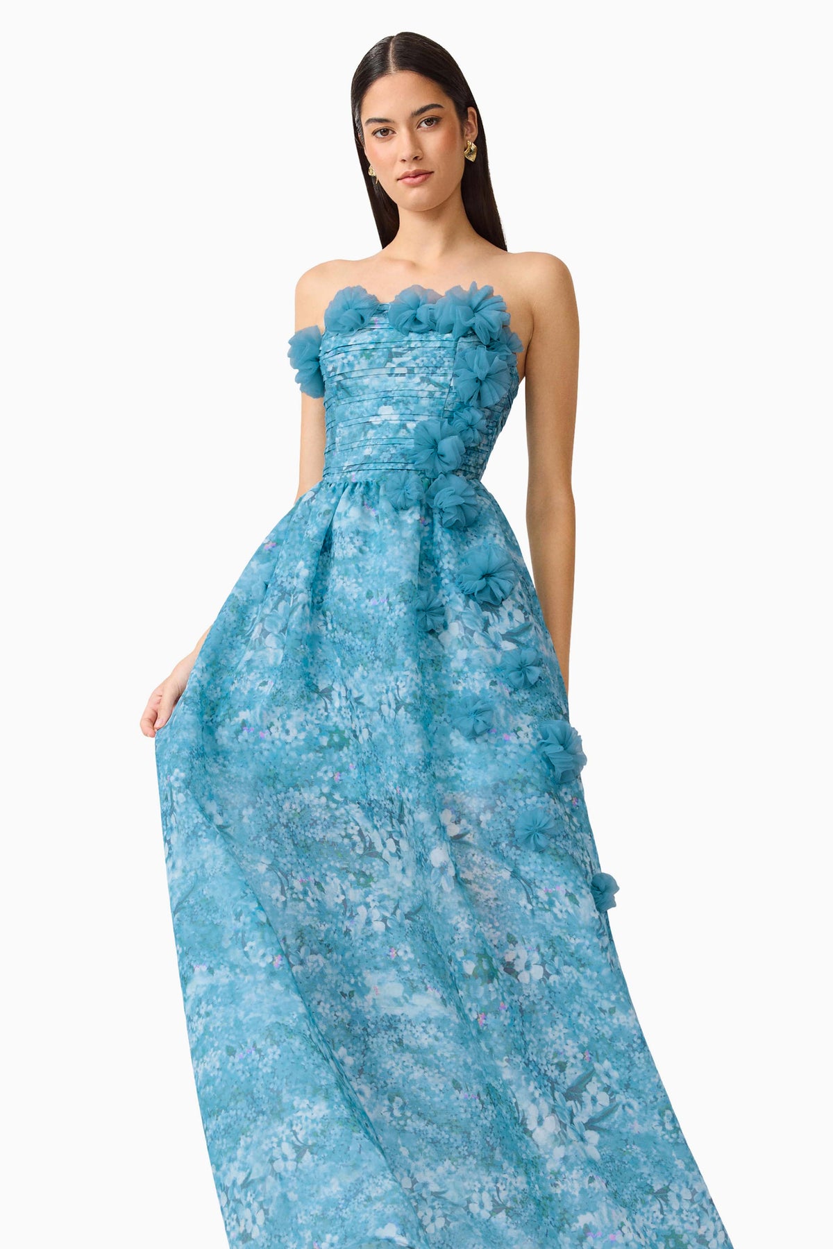 3D Flower Pleated Strapless Midi Dress