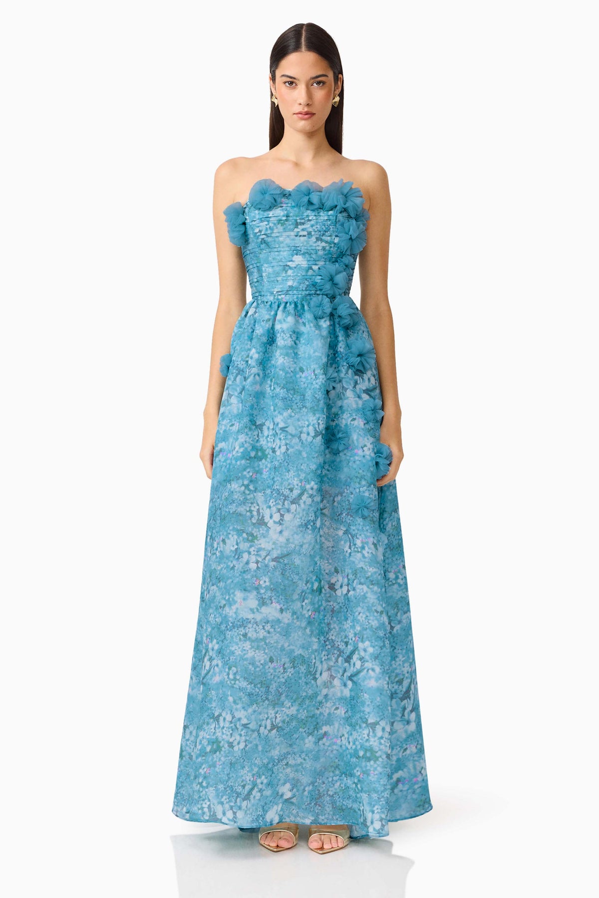 3D Flower Pleated Strapless Midi Dress
