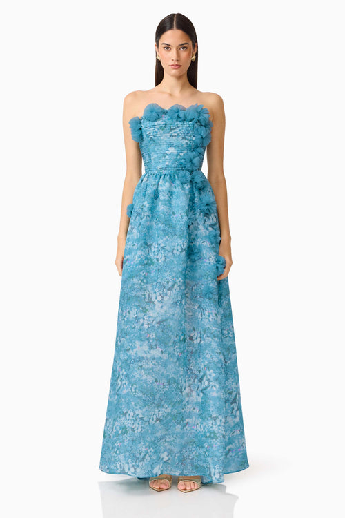 3D Flower Pleated Strapless Midi Dress