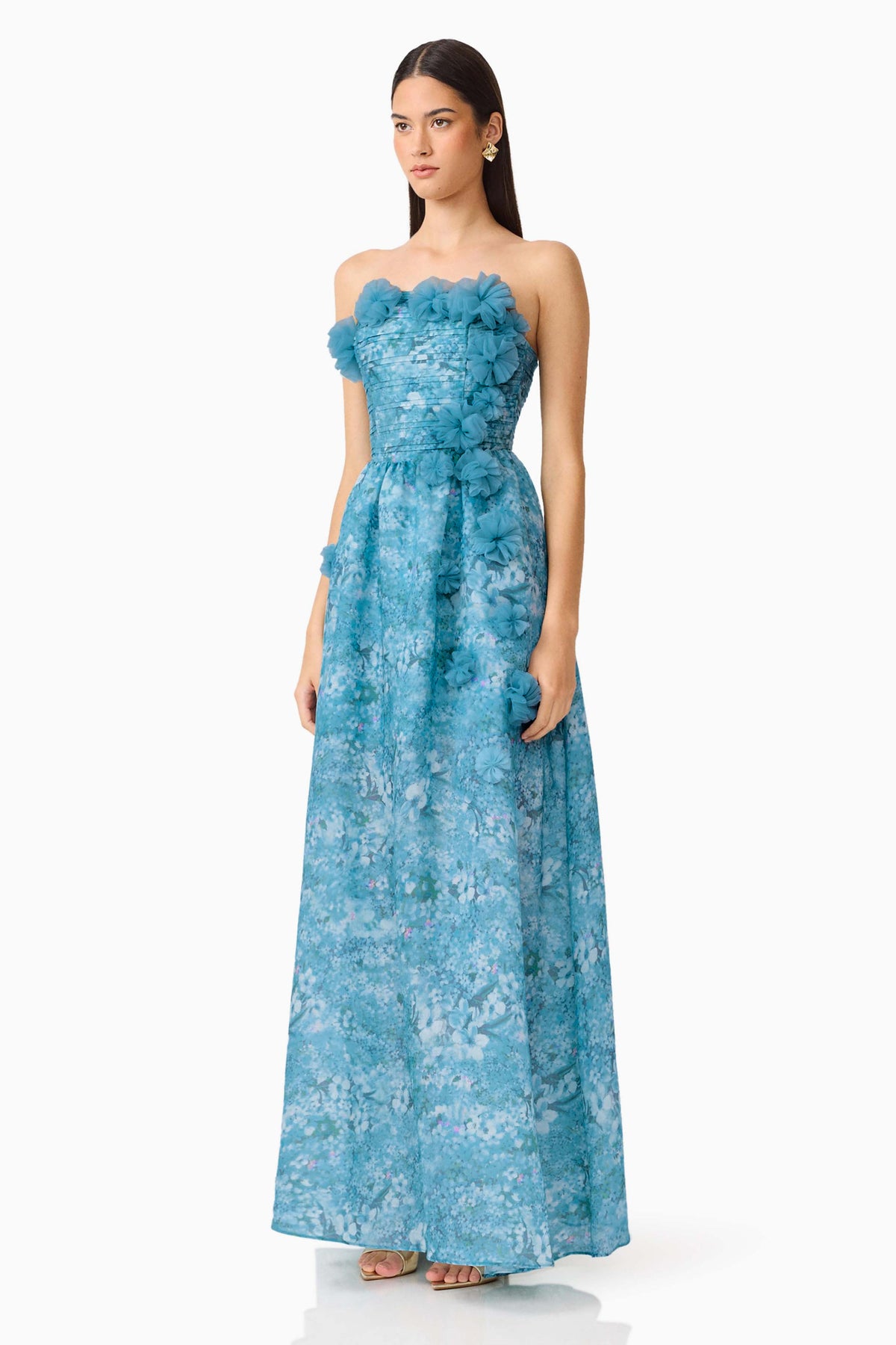 3D Flower Pleated Strapless Midi Dress