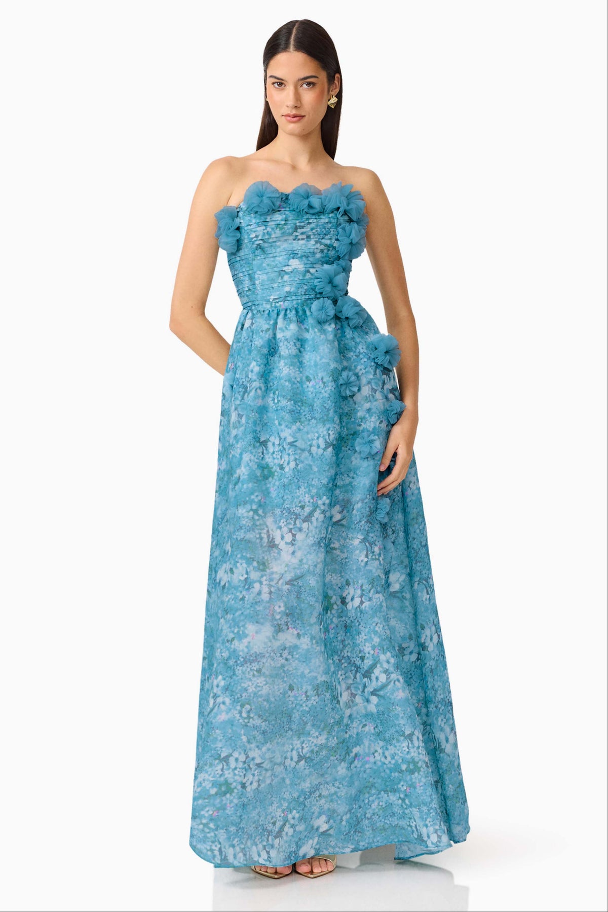 3D Flower Pleated Strapless Midi Dress