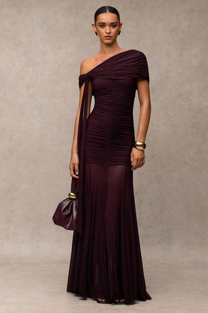 Gathering Solid Asymmetrical Neck Maxi Dress