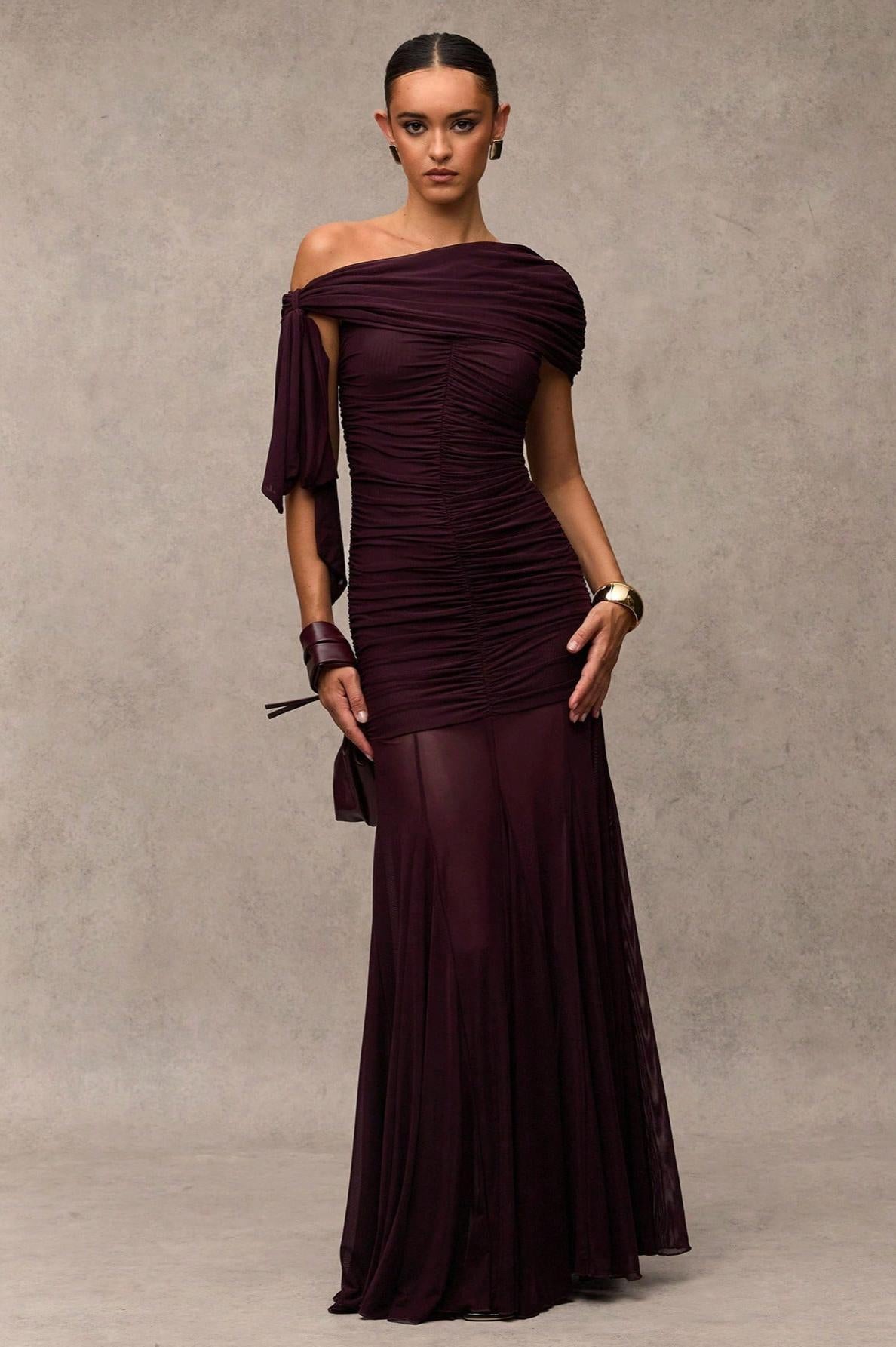 Gathering Solid Asymmetrical Neck Maxi Dress