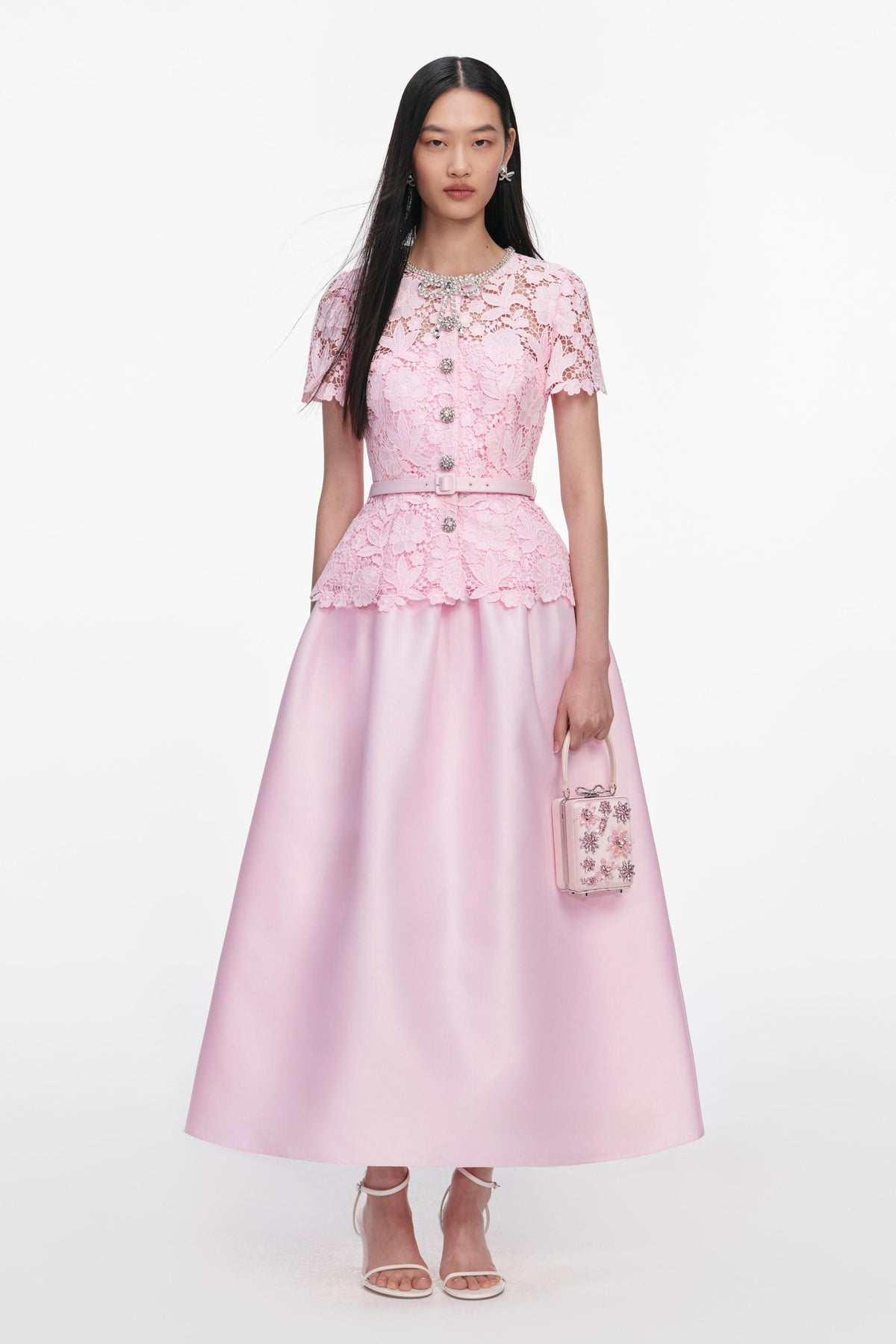 Lace Button Midi Dress With Belt