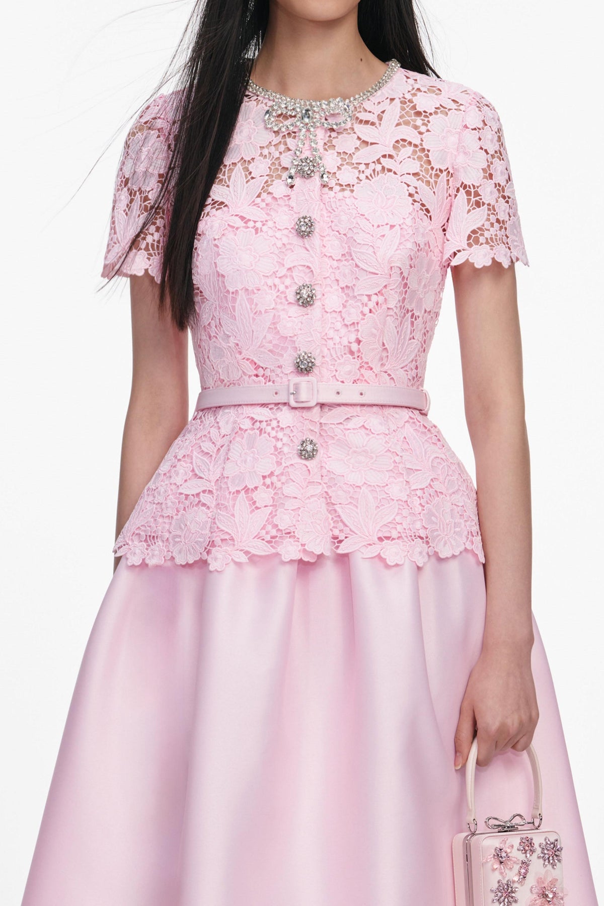 Lace Button Midi Dress With Belt