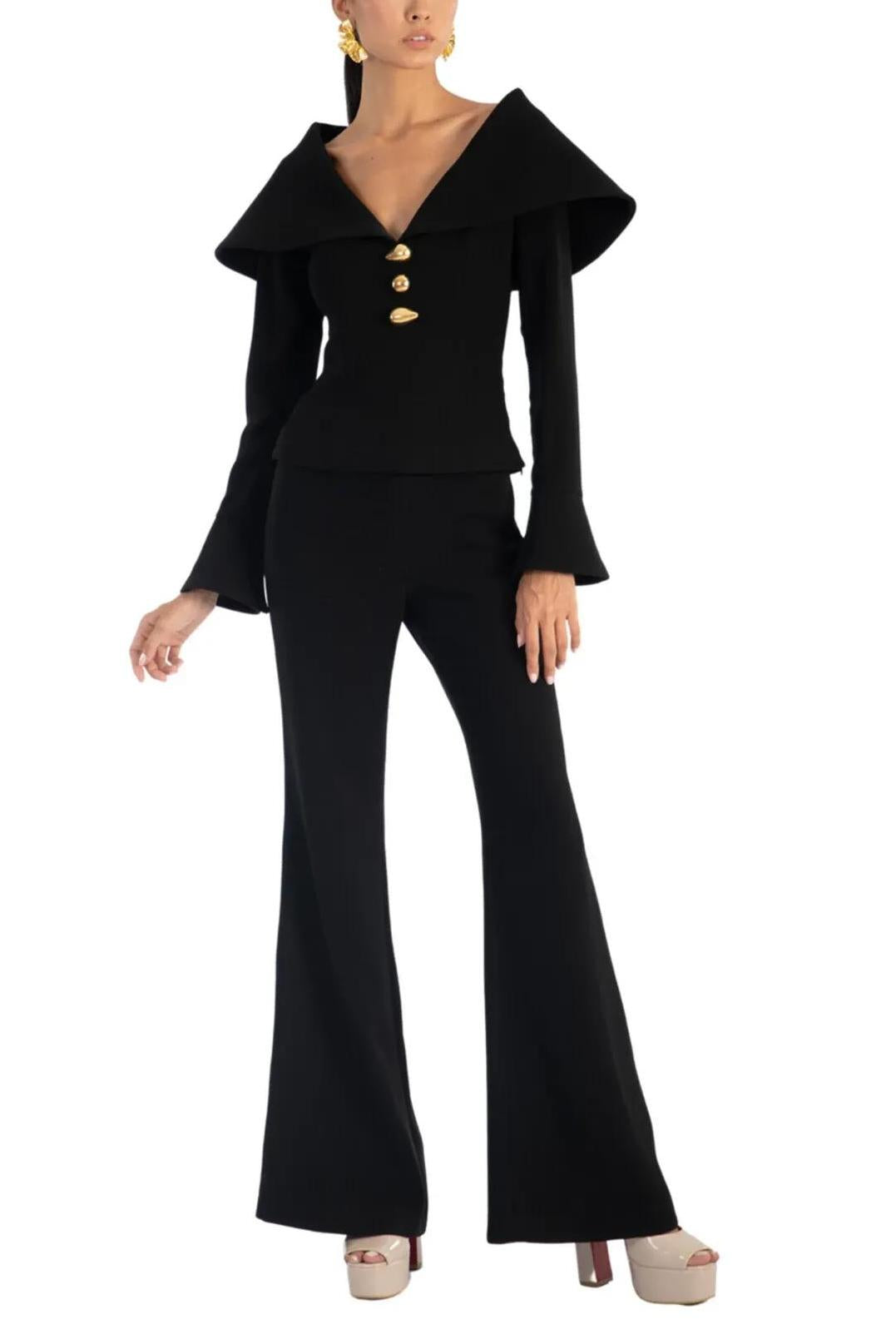 Metal Button Bell Sleeve Top & High Waist Pants Set