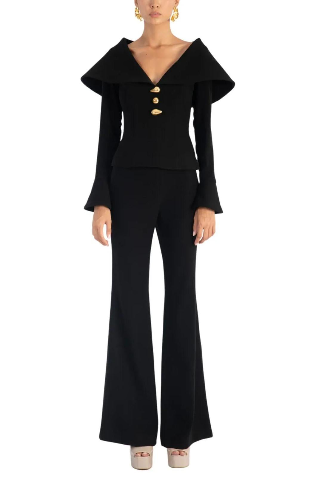 Metal Button Bell Sleeve Top & High Waist Pants Set