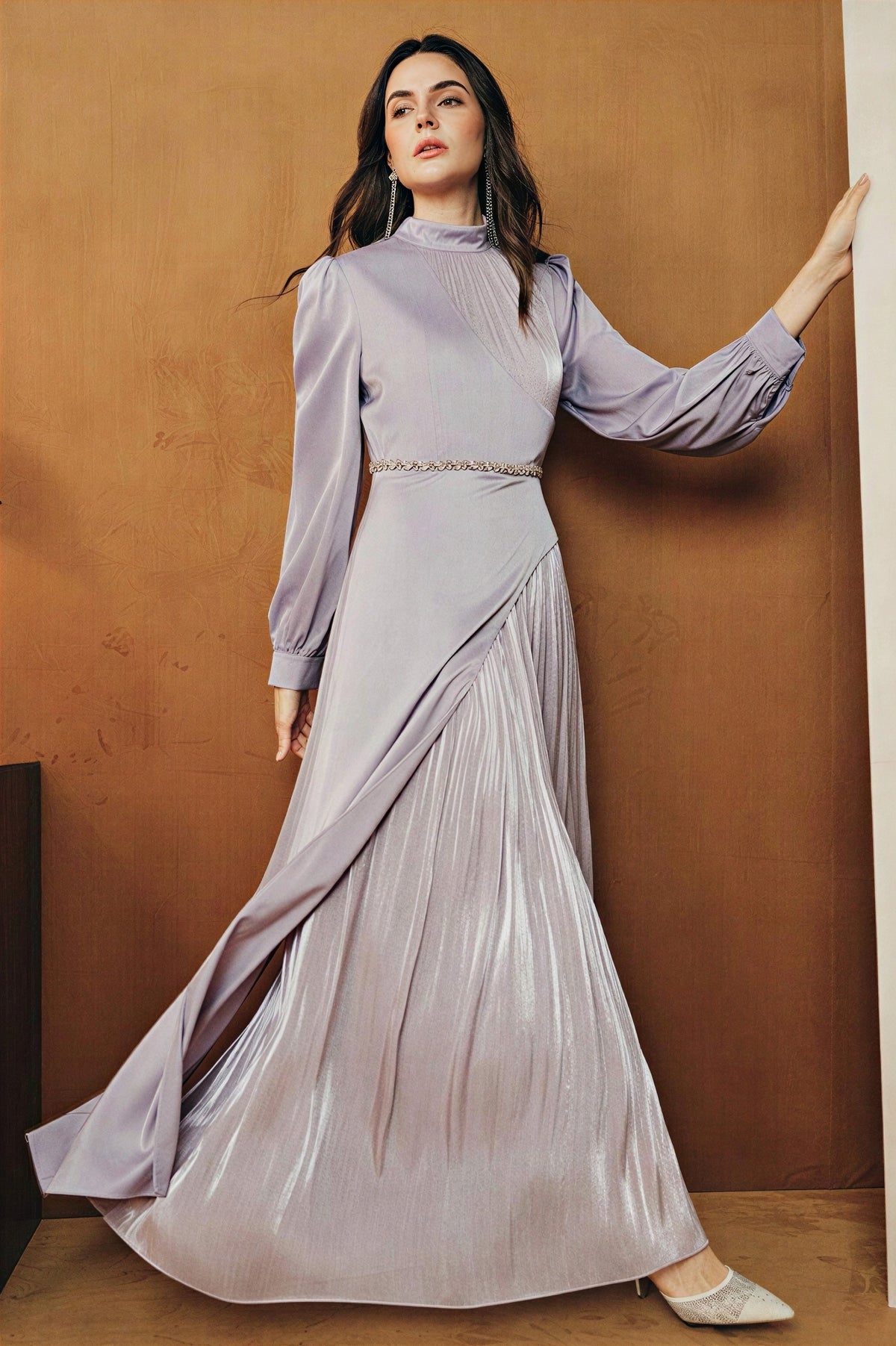 Rhinestone Rivets Satin Long Sleeve Midi Dress