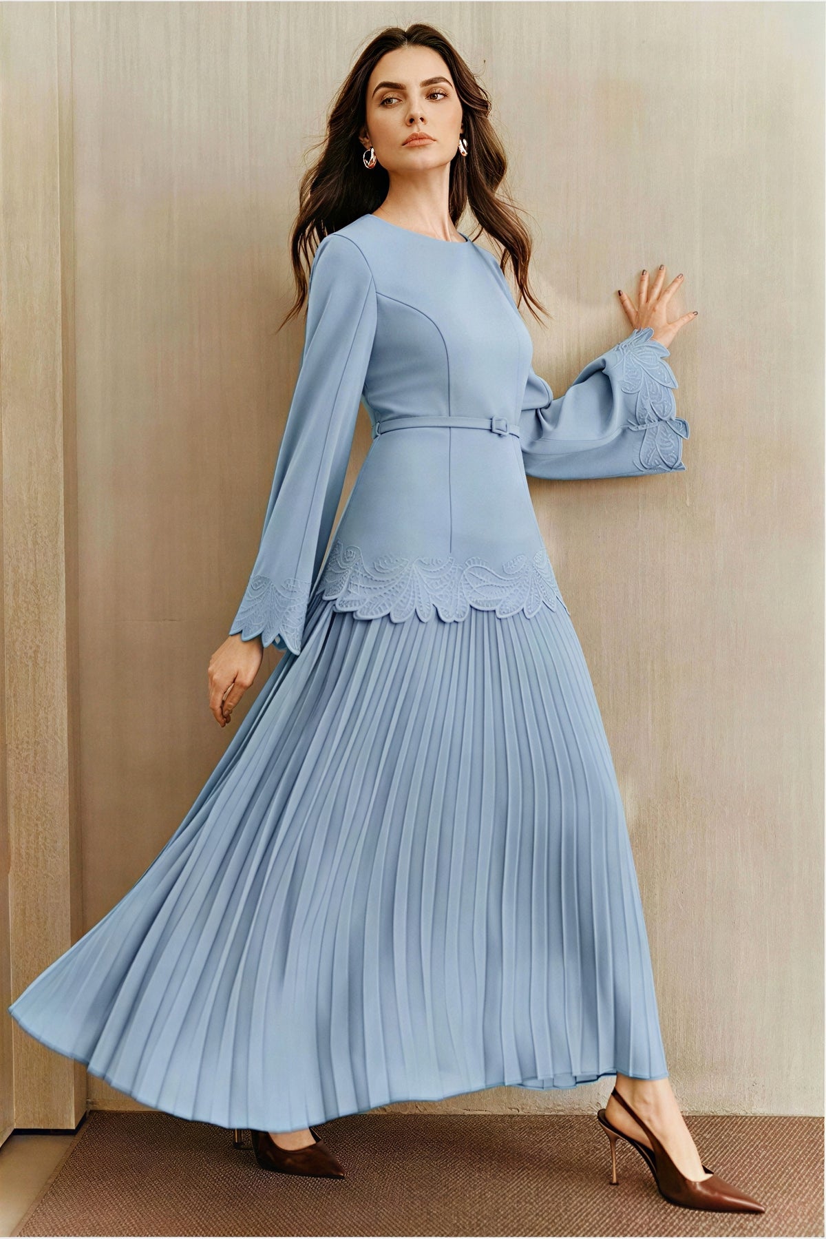 Embroidered  Pleated Midi Dress With Belt