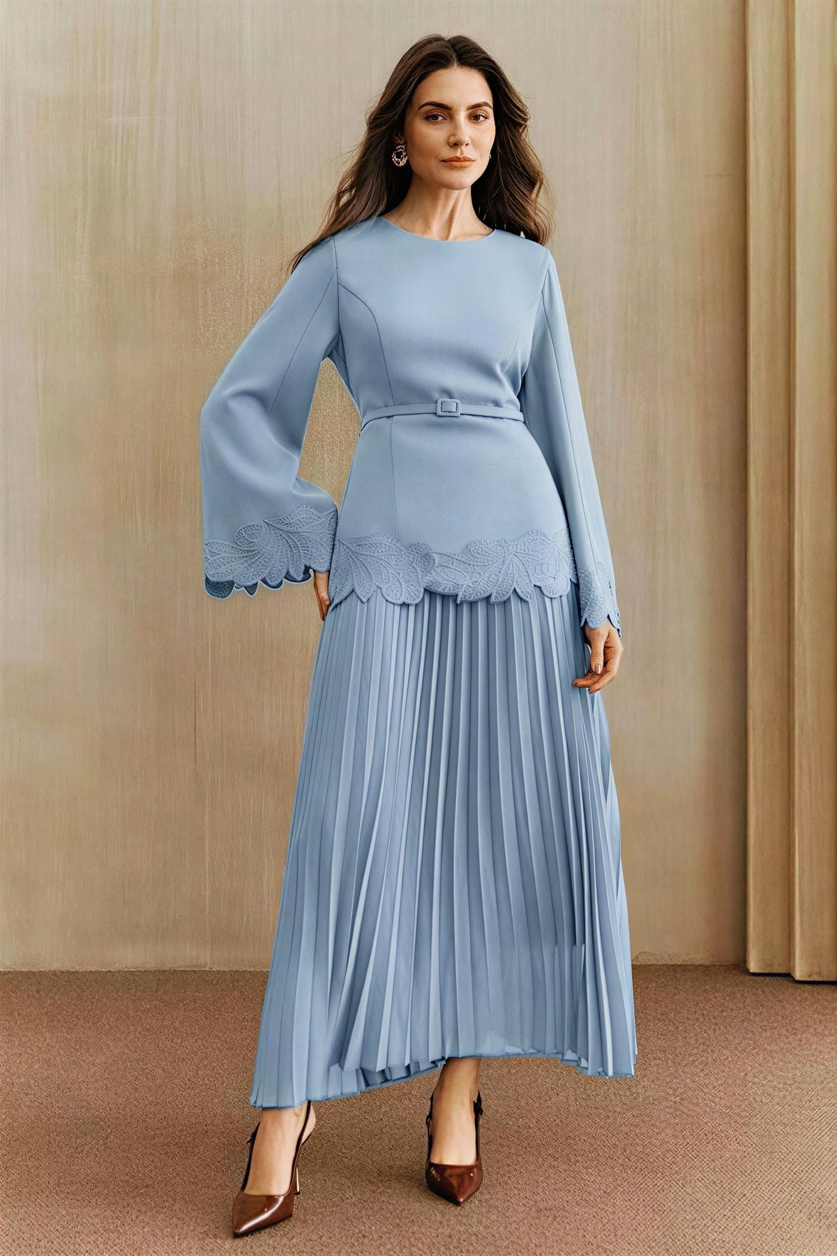 Embroidered  Pleated Midi Dress With Belt