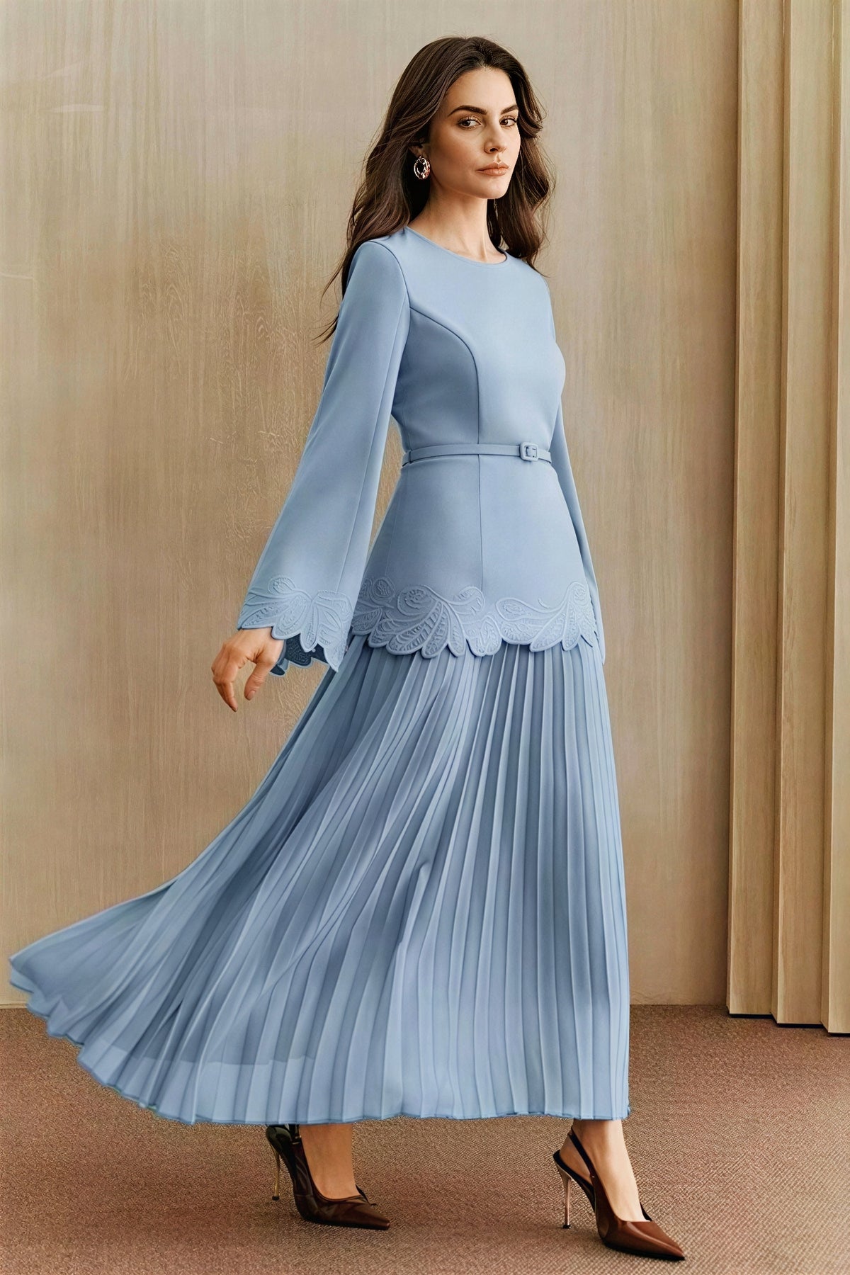 Embroidered  Pleated Midi Dress With Belt