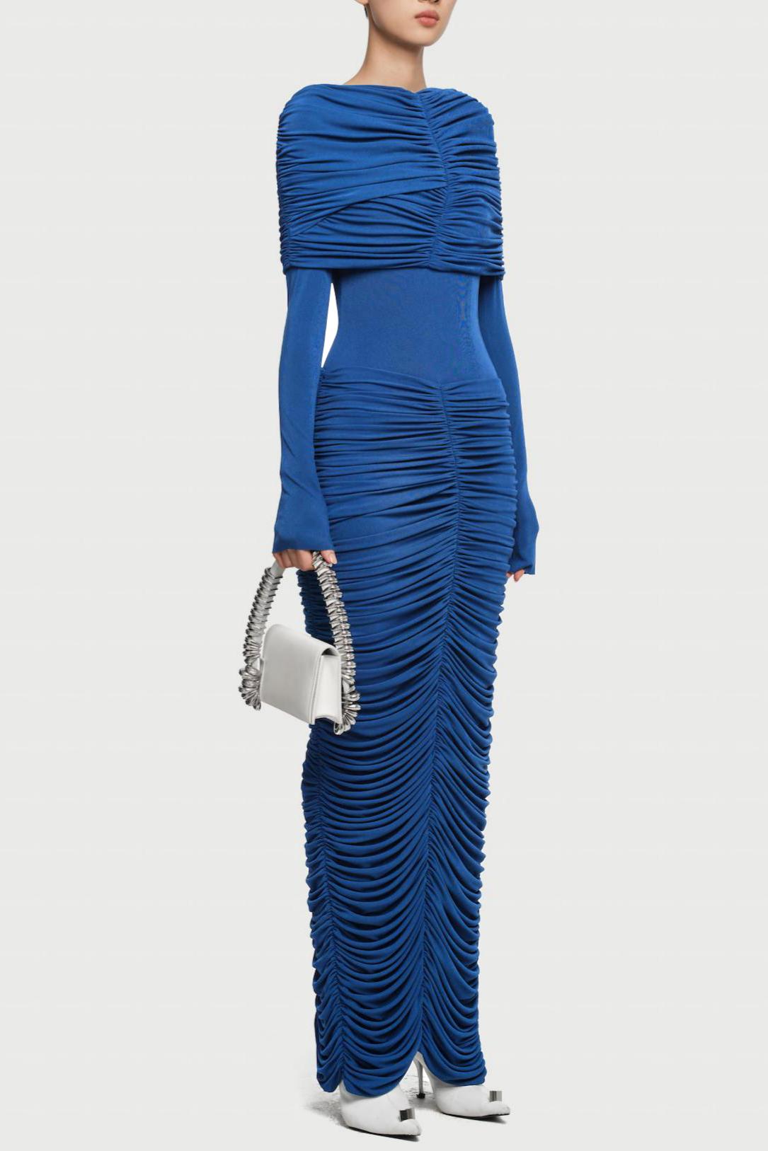 Gathering Solid  Long Sleeve Maxi Dress