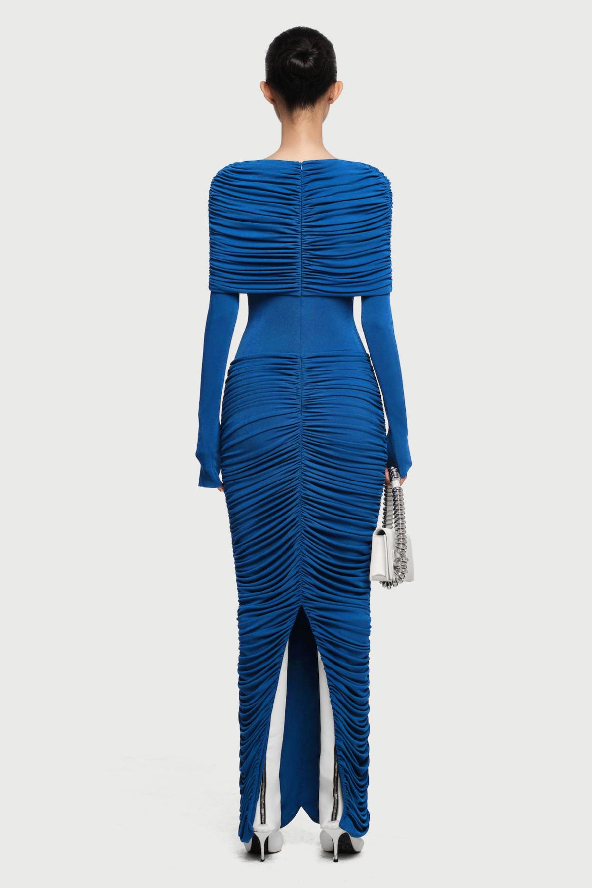 Gathering Solid  Long Sleeve Maxi Dress