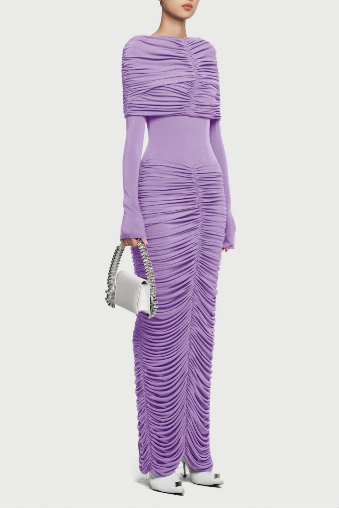 Gathering Solid  Long Sleeve Maxi Dress