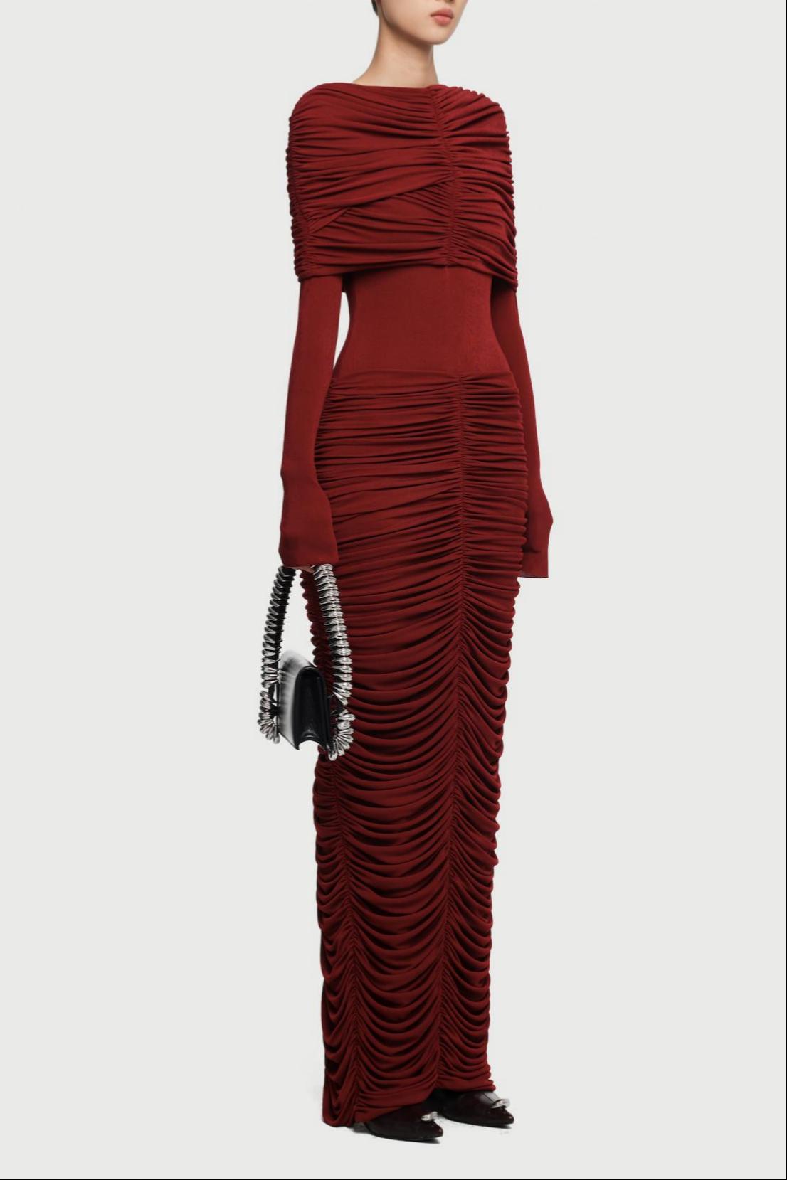 Gathering Solid  Long Sleeve Maxi Dress