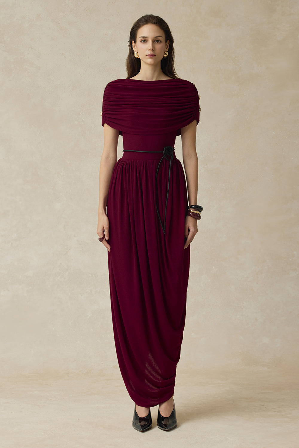 Metal Decorations Gathering Maxi Dress With Belt