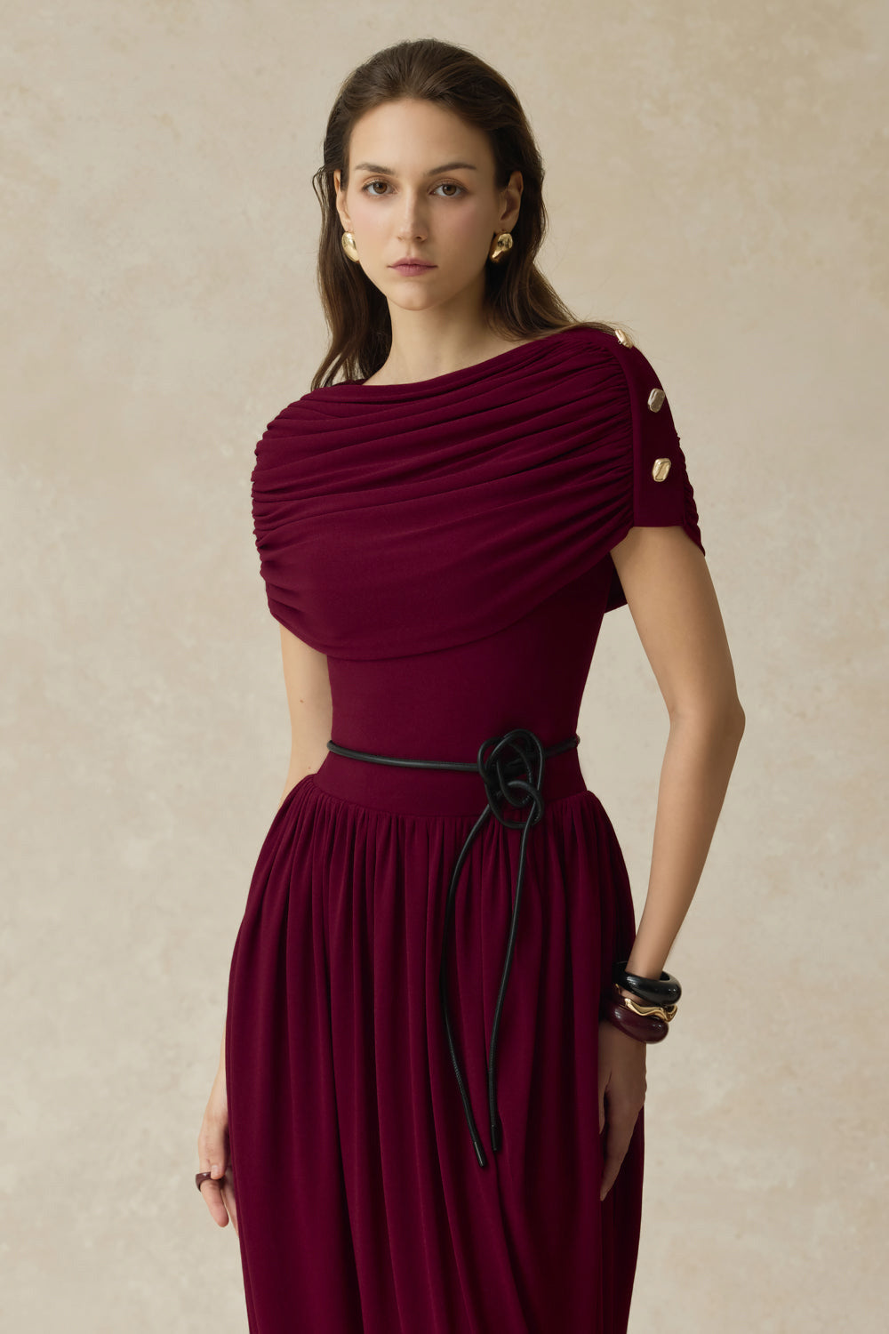 Metal Decorations Gathering Maxi Dress With Belt