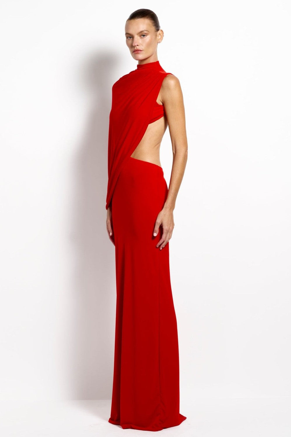 Jersey Asymmetrical Sleeve Backless Maxi Dress