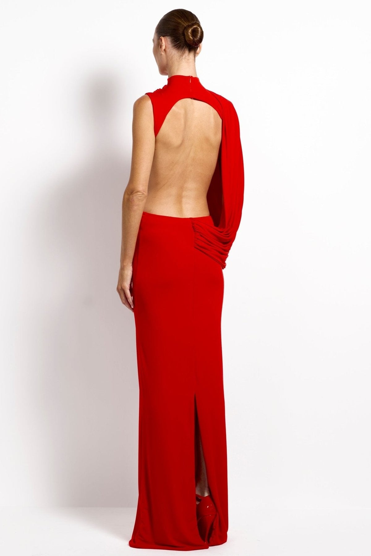 Jersey Asymmetrical Sleeve Backless Maxi Dress