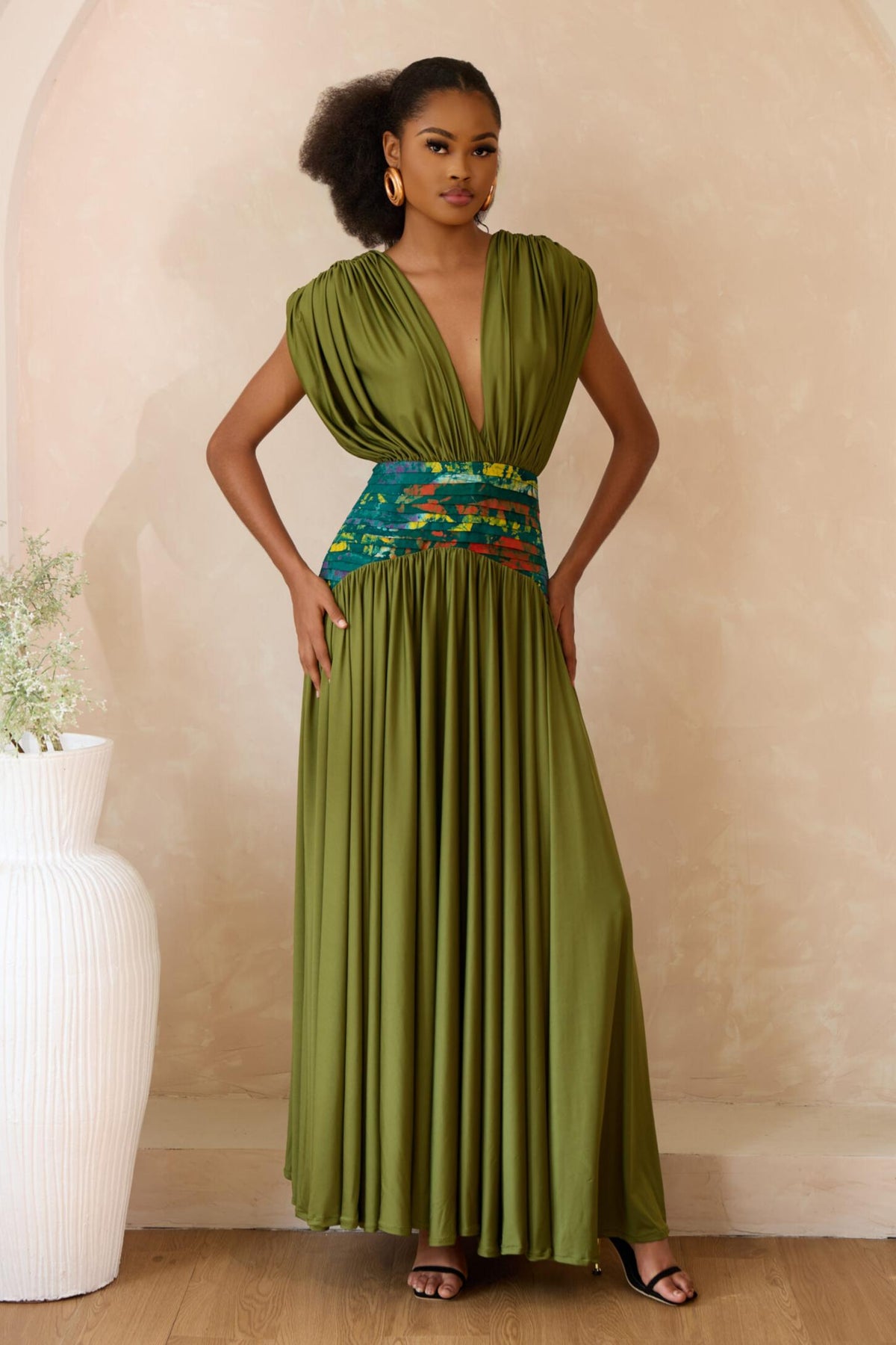 Gathering Pleated V-Neck Midi Dress