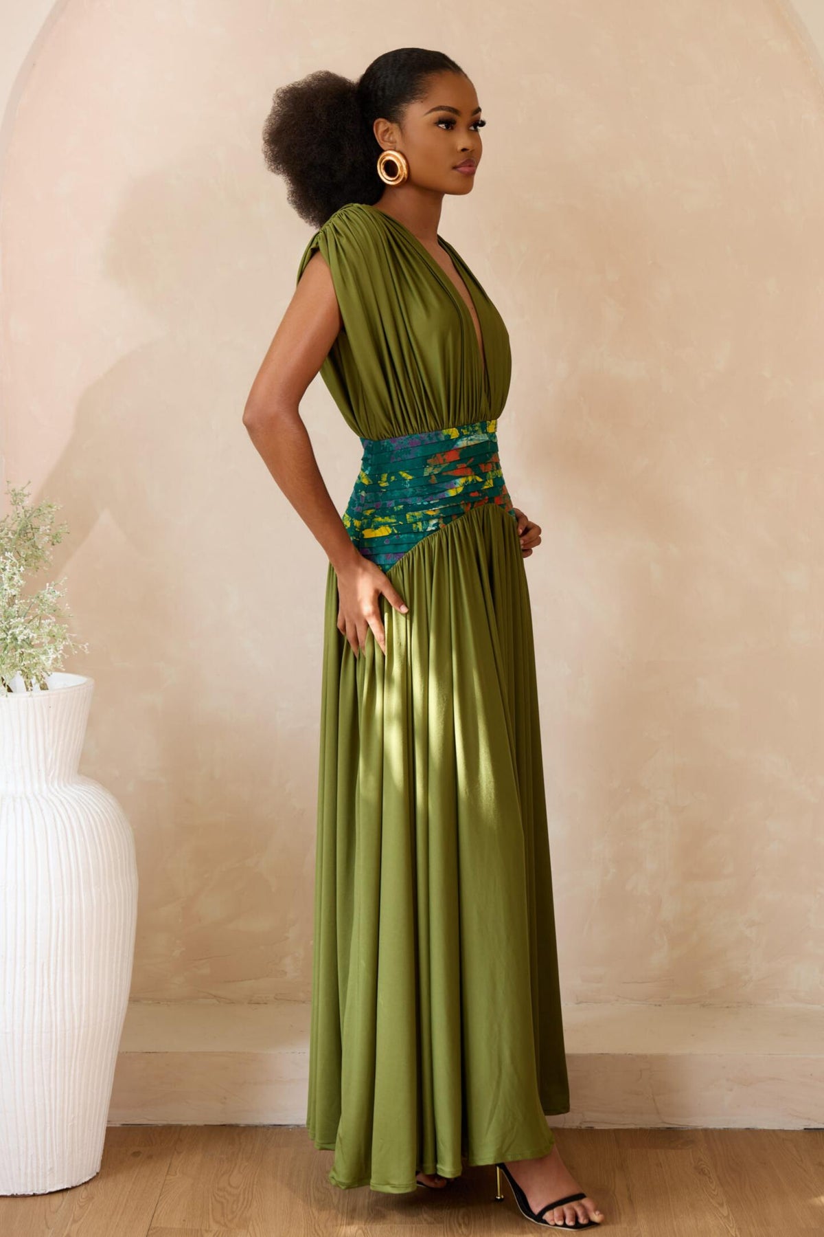 Gathering Pleated V-Neck Midi Dress