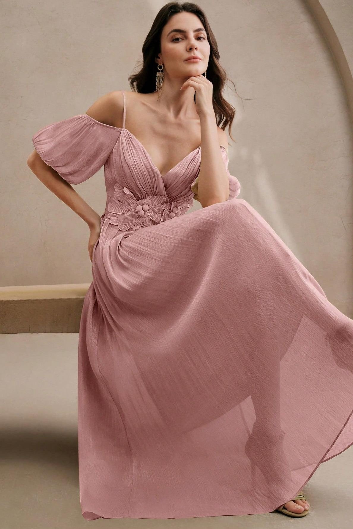 Embroidered 3D Flower Puff Sleeve Midi Dress