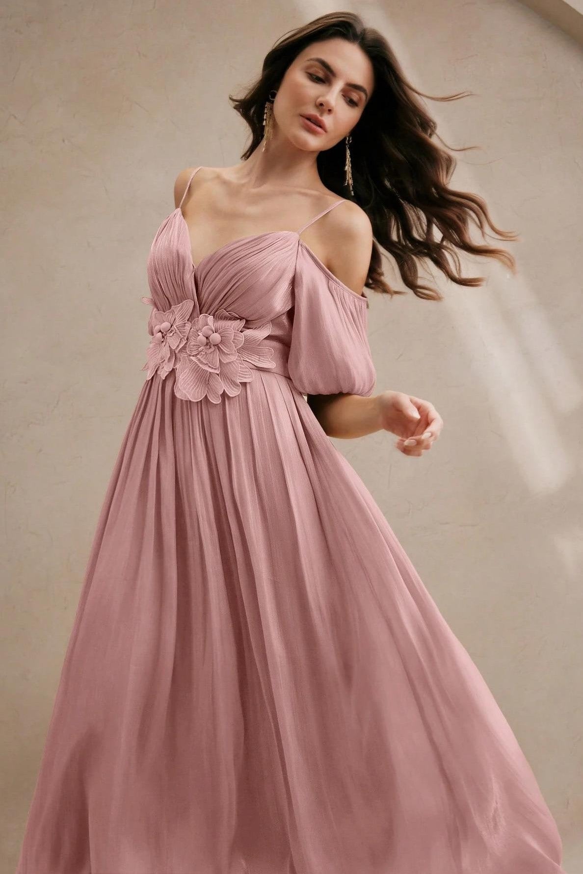 Embroidered 3D Flower Puff Sleeve Midi Dress